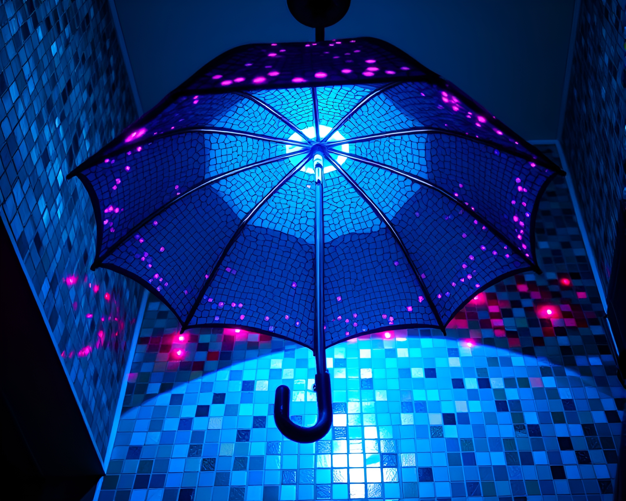 Neon-Lit Umbrella in Necromantic LED Mosaic – free AI stock image