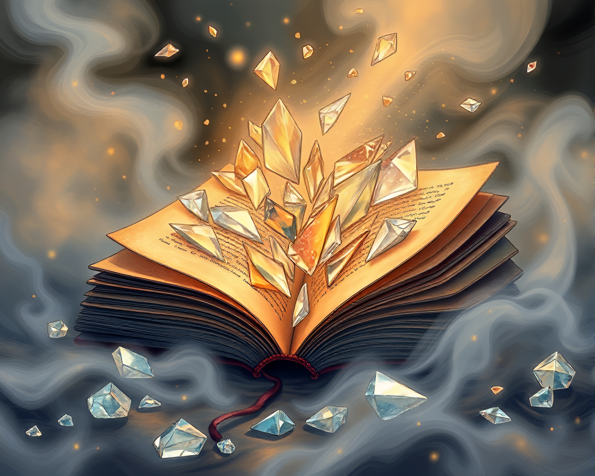 Enchanted Book amidst Glass Shards in Misty Atmosphere – free AI stock image