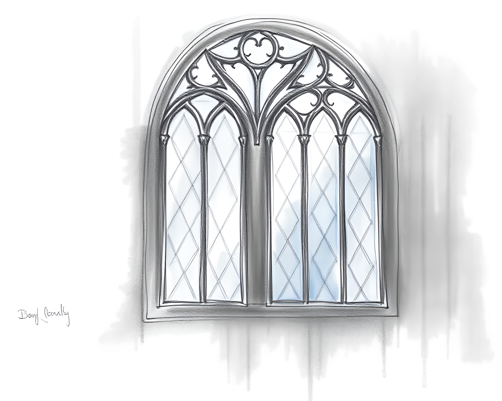Ethereal Stained-glass Film Burn monochrome blue Pencil Sketch – free AI stock image
