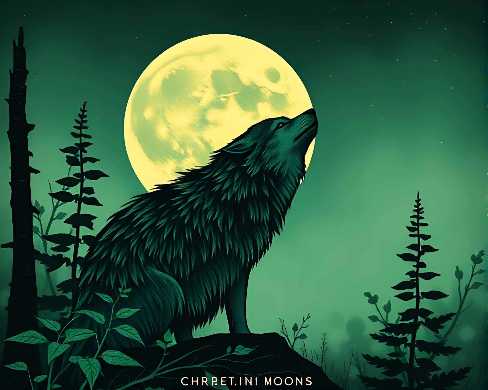 Moonlit Wolf among Emerald Botanical Illustrations – free AI stock image