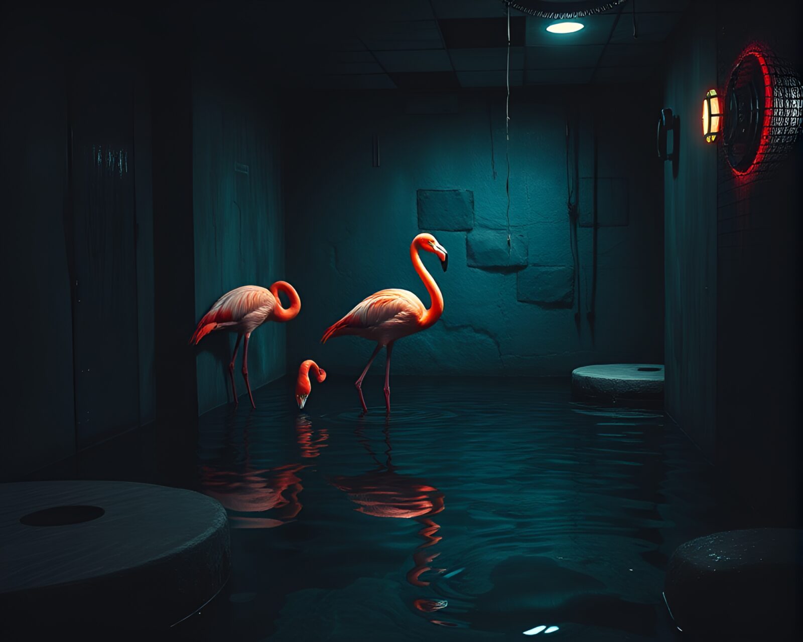 Abstract artwork of flamingo in reflective water with cubist style