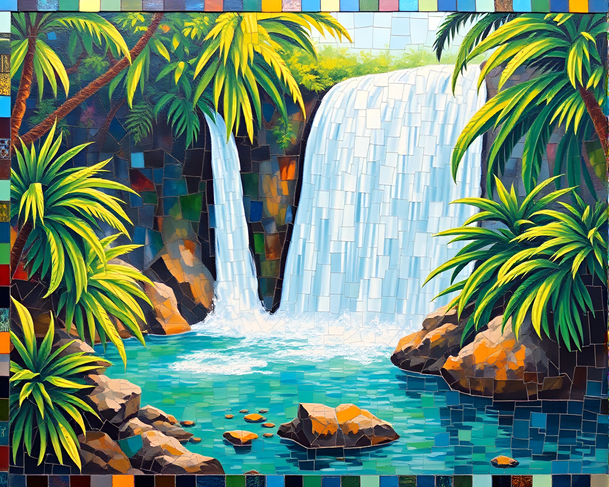 Tropical Waterfall in Tempered Mosaic Fragments – free AI stock image