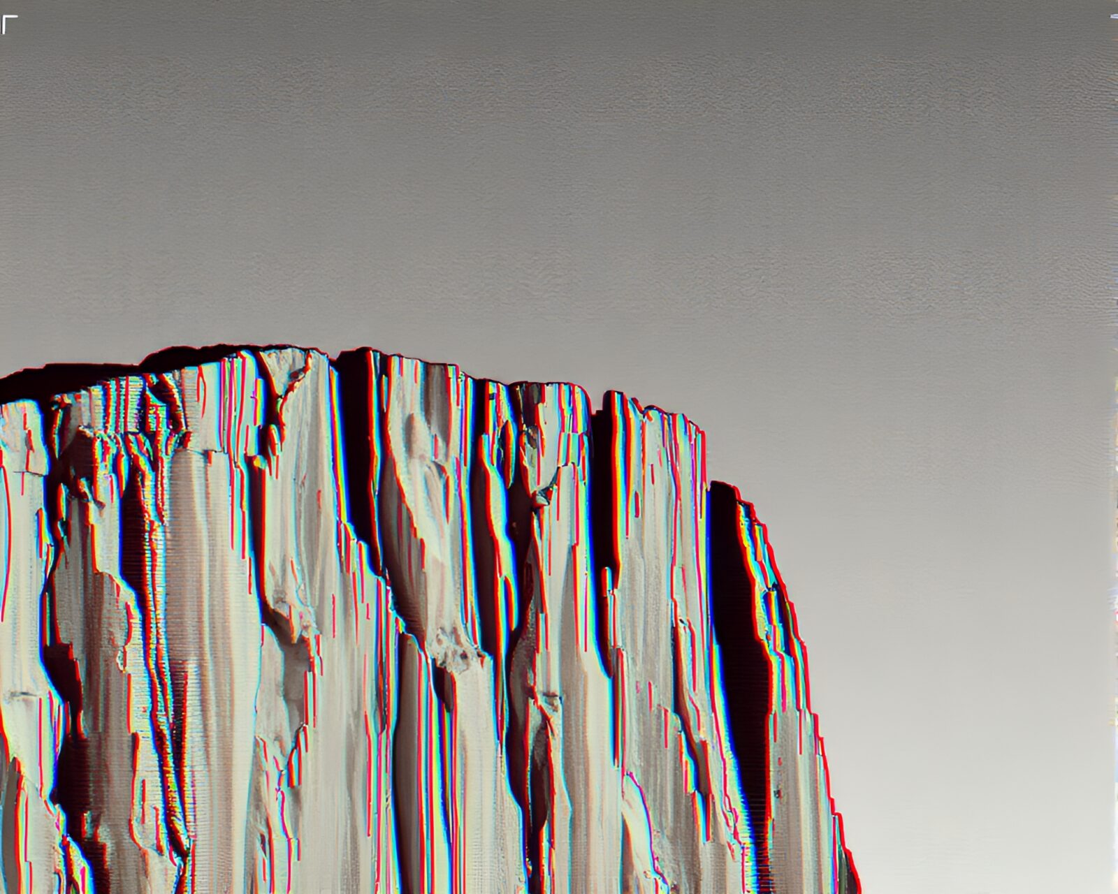 Crosshatch shaded image of a glitched cliff scene