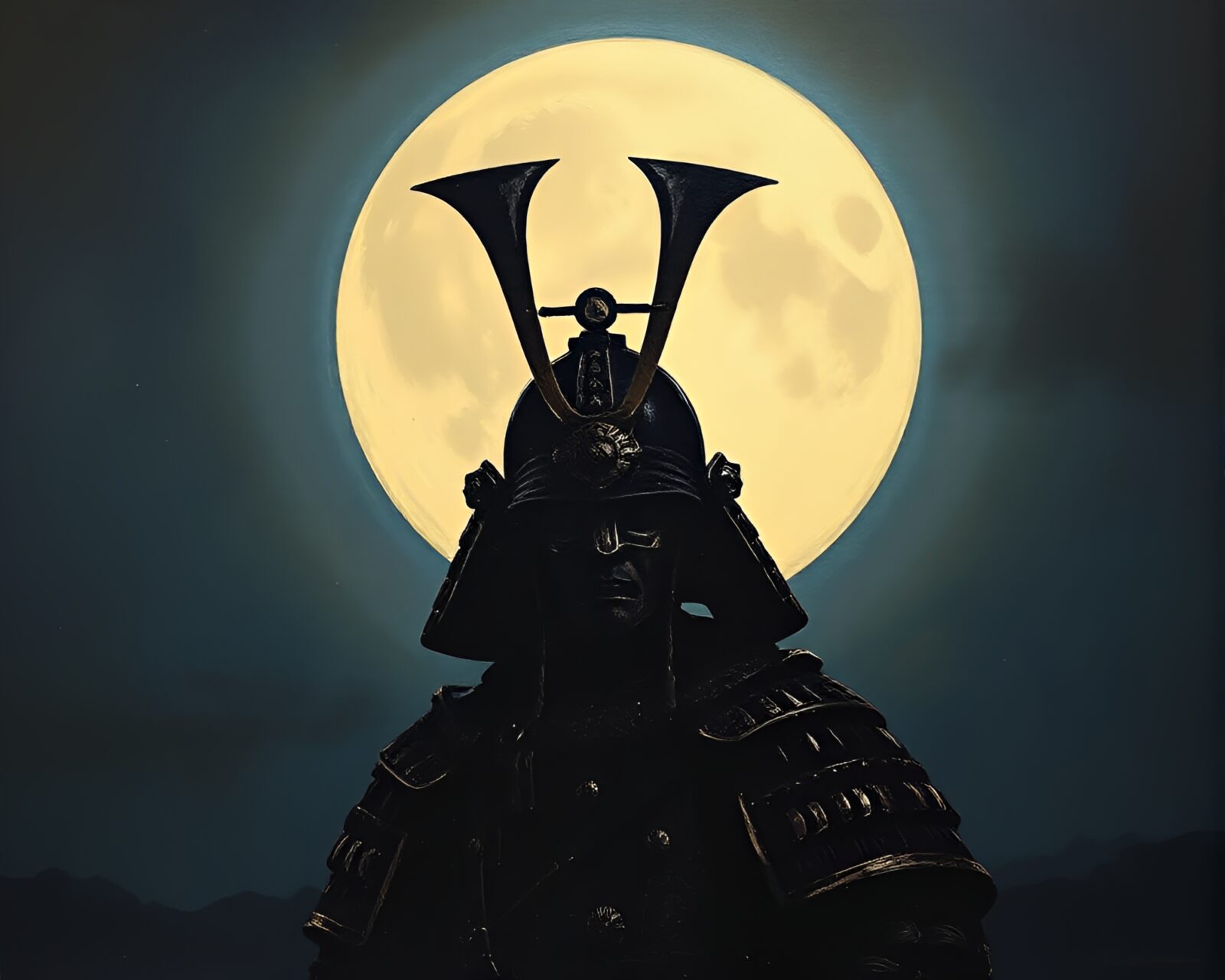 Silhouette of samurai helmet casting a reflection on water