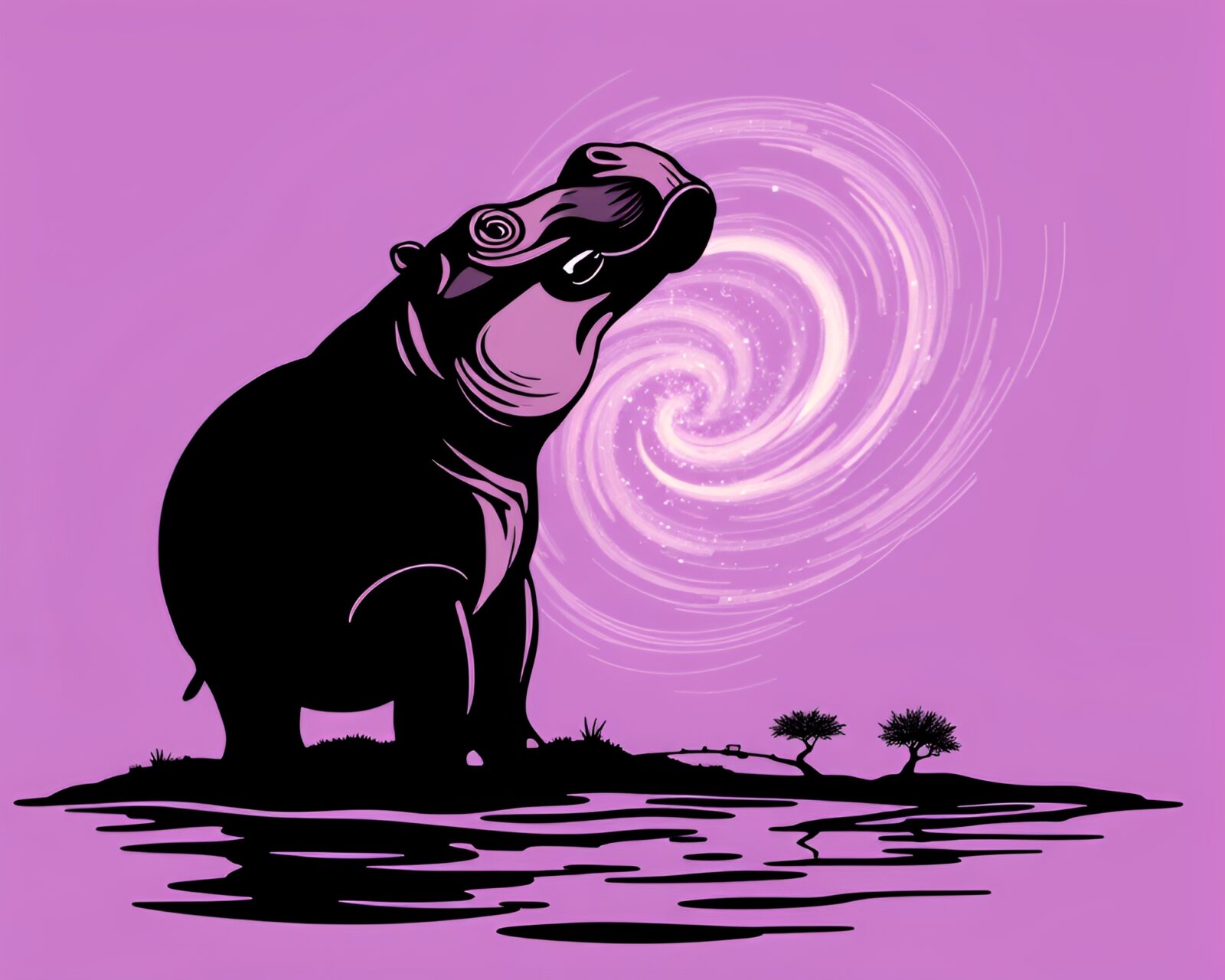 Asymmetrical balance hippopotamus surrounded by milky way swirl in ASCII art