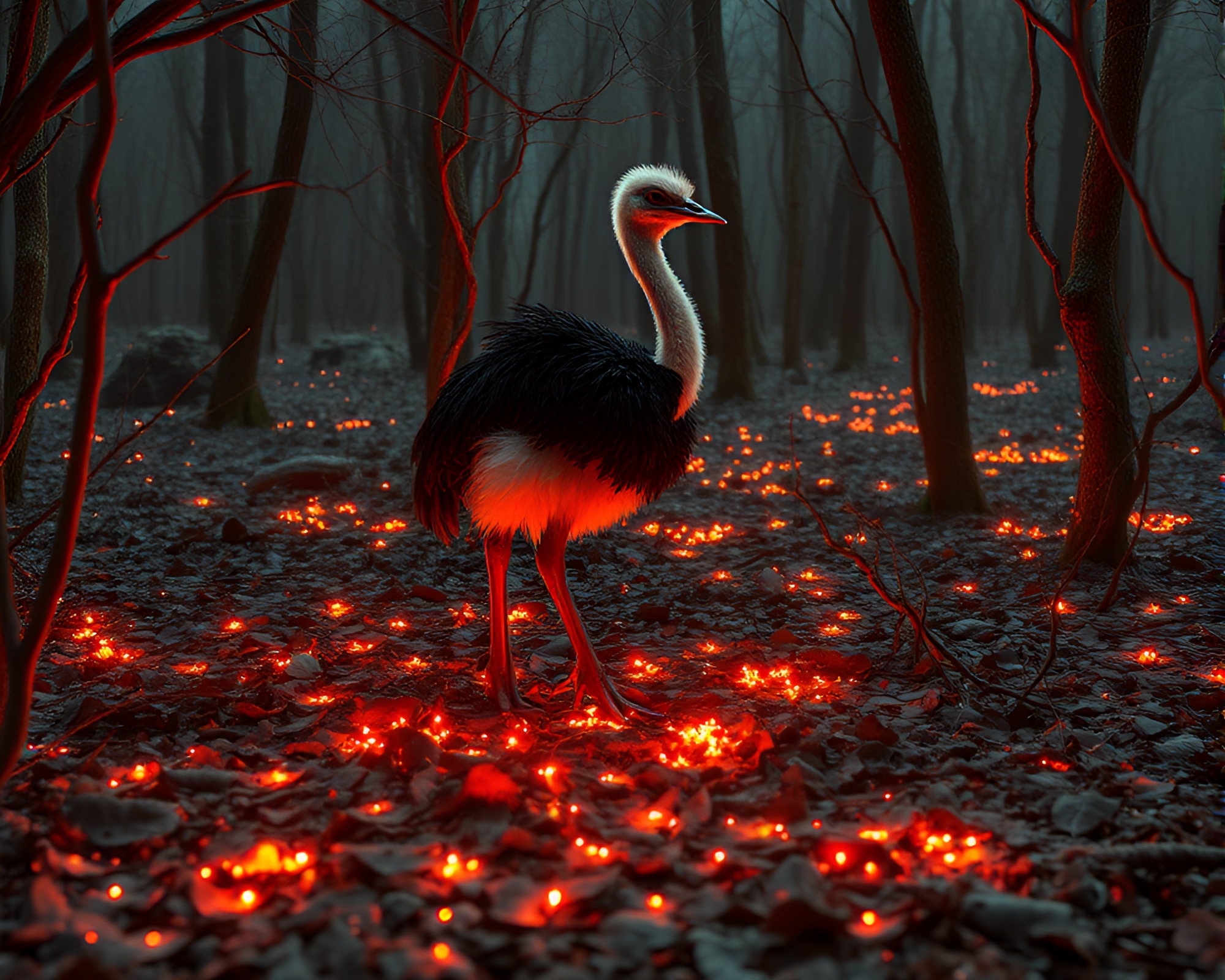 Fractal Glow Ostrich in Leaf Litter Stereo 3D – free AI stock image