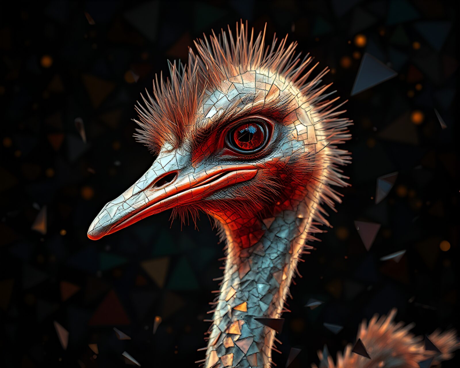 Photorealistic ostrich made of broken mosaic fragments, glowing fractally