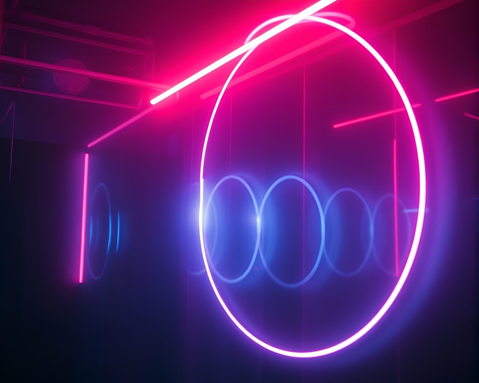 Futuristic neon lights intertwined with digital glitch effect