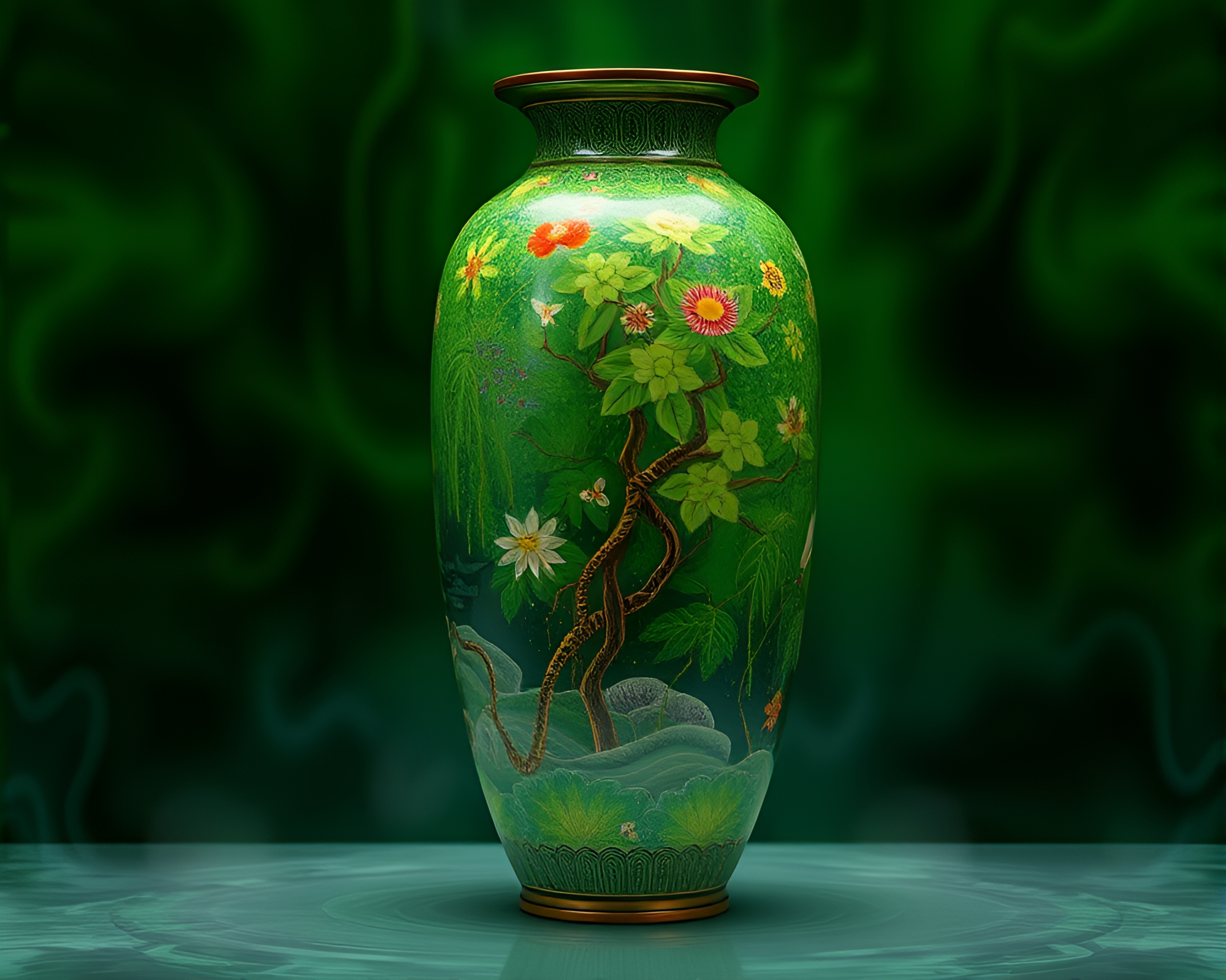 Majestic Motion: Enchanted Cloisonné Vase in Rainforest Haze – free AI stock image