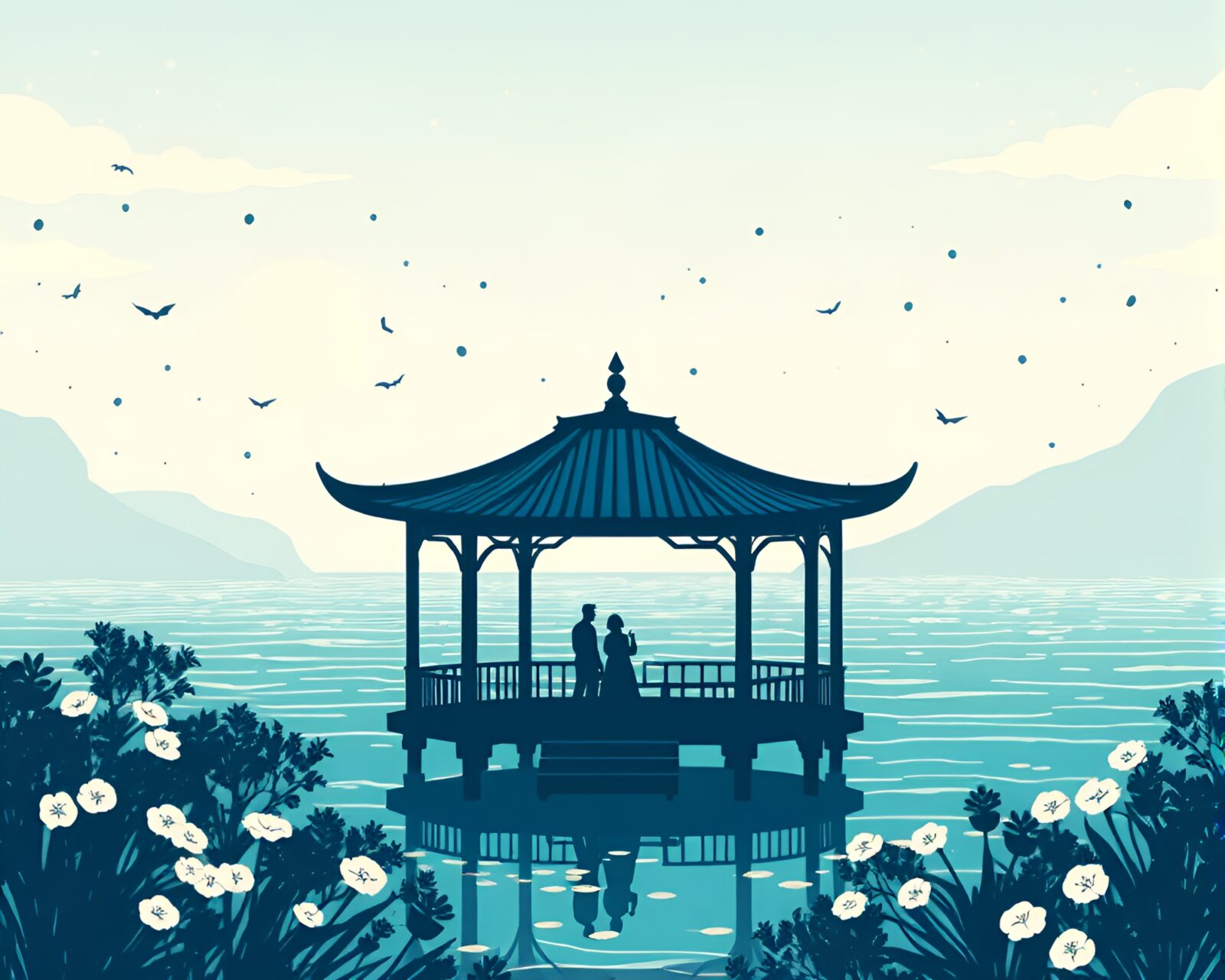 Artistic silhouette of floating pavilion with mildew spots, ocean-blue hues