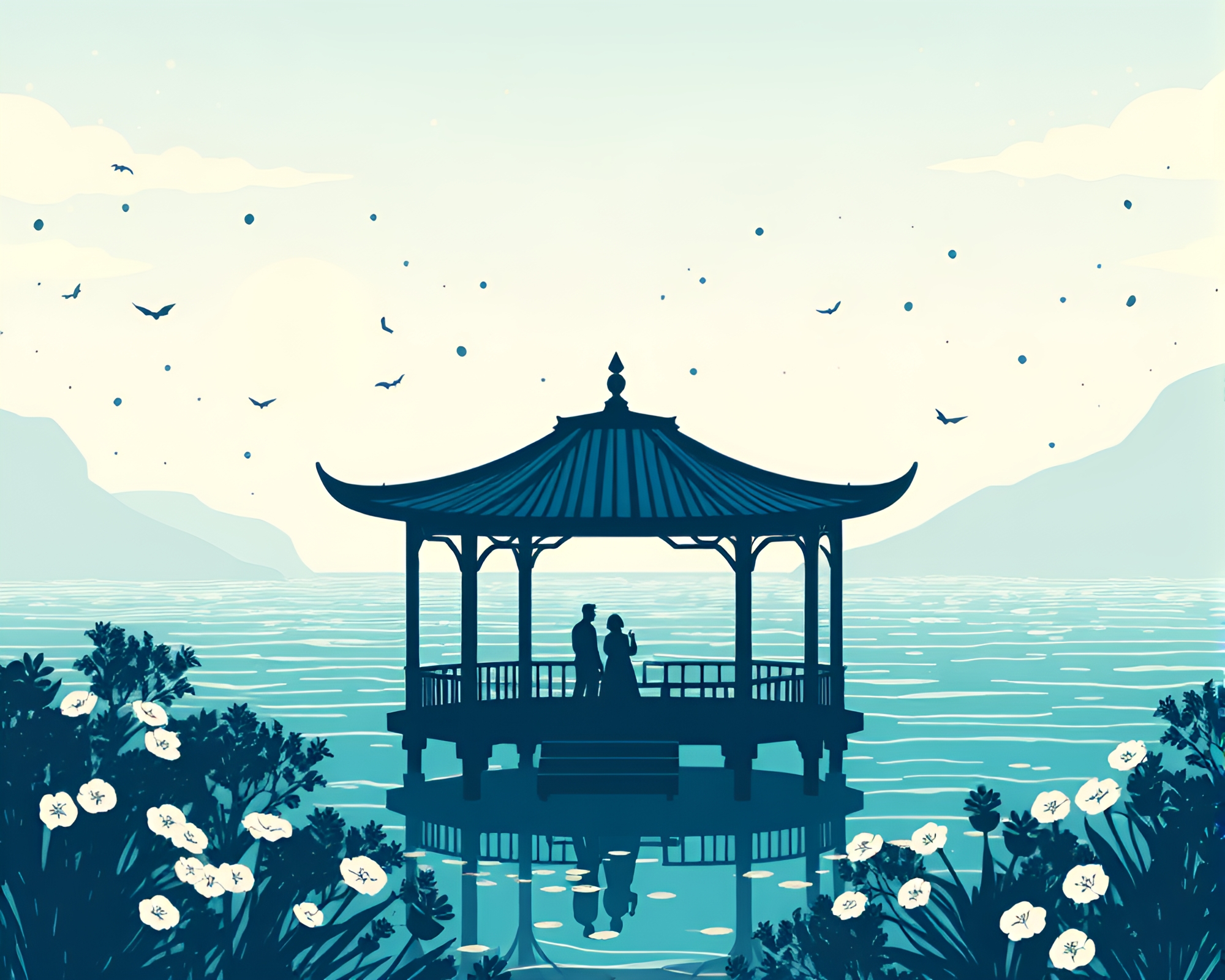 Mildew Spots Pavilion in Ocean-Blue Silhouette Illustration – free AI stock image