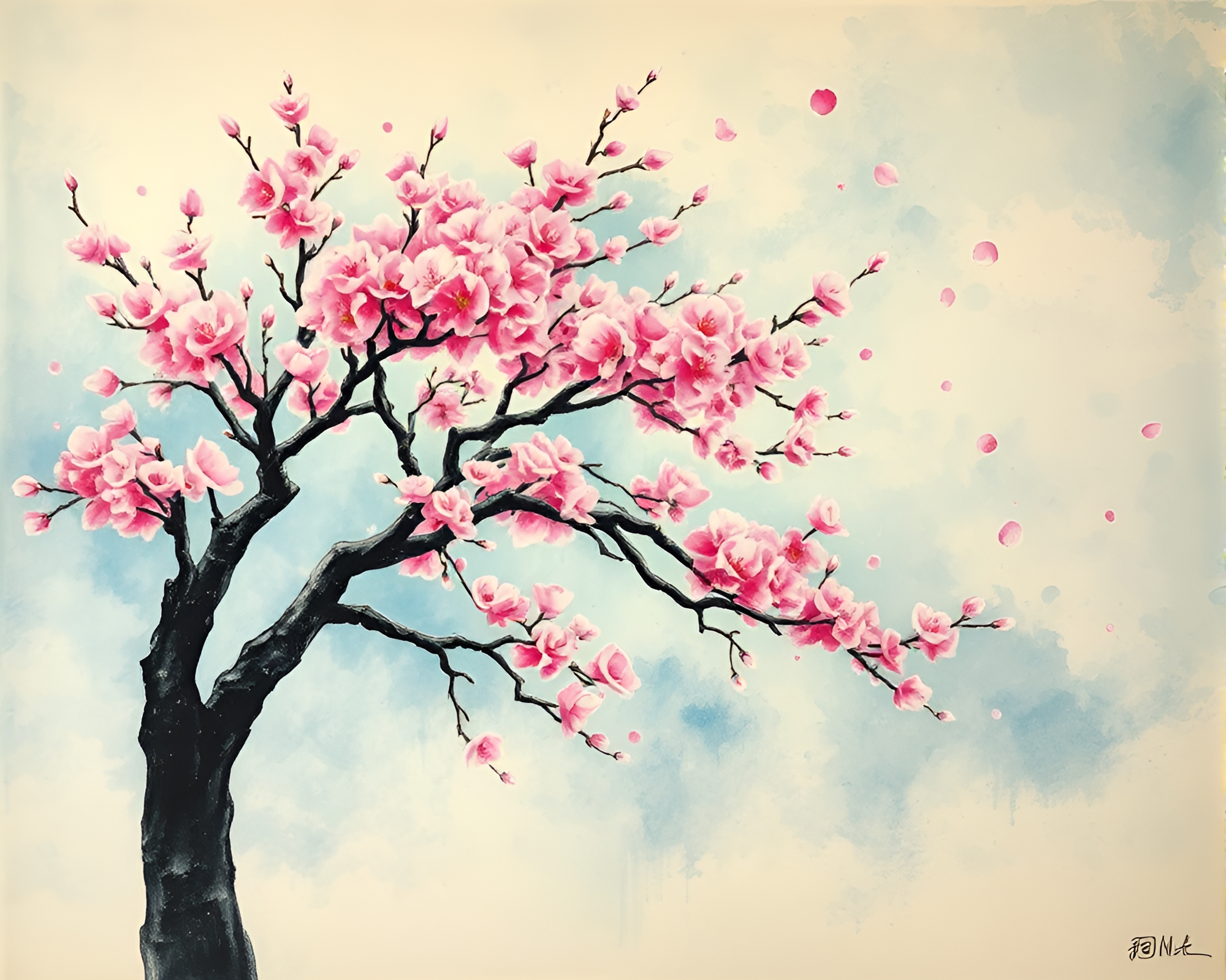 Cherry Blossom Ink Splash Mural Painting – free AI stock image
