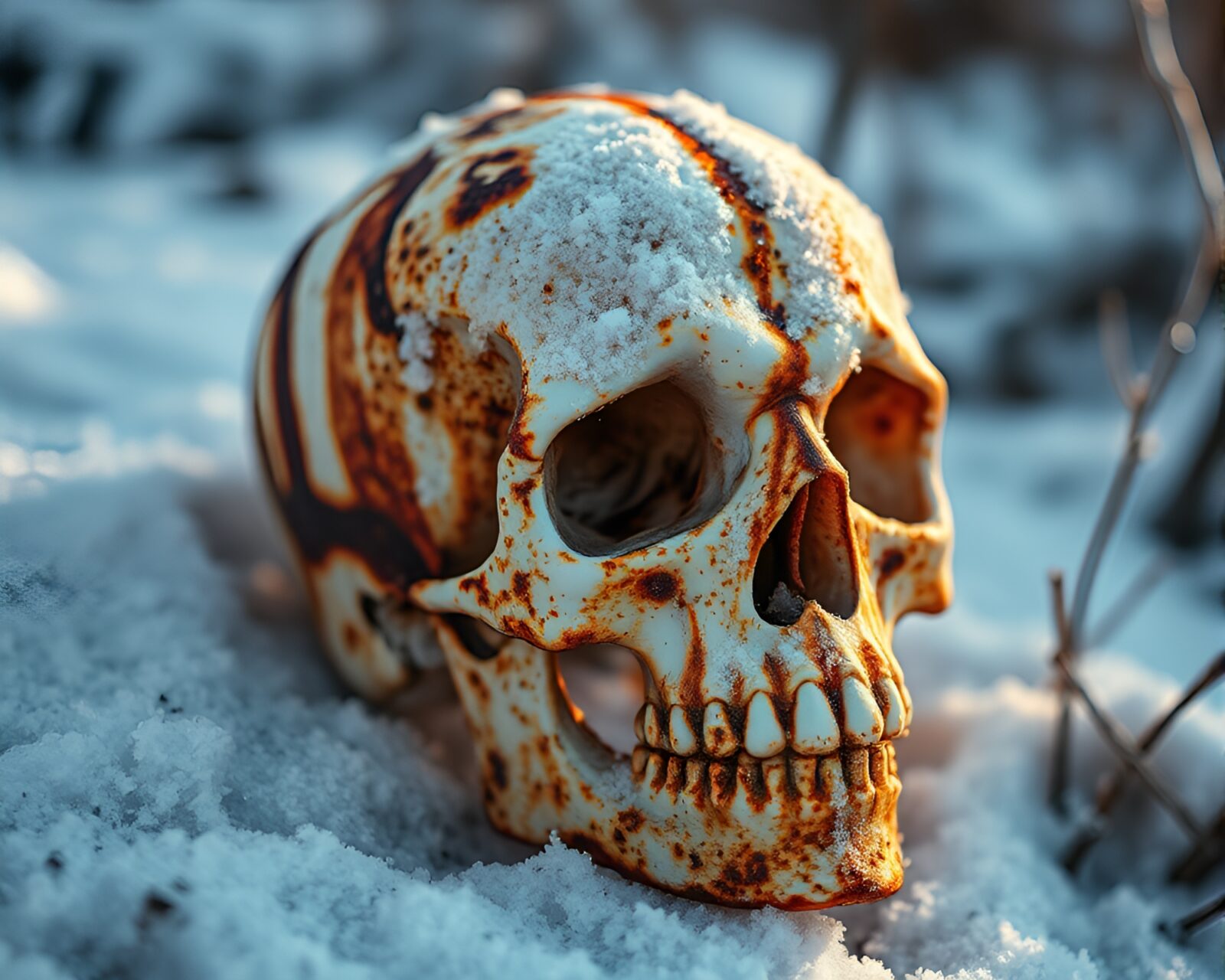 A crystal skull resting on rust stain streaks in snow-kissed light