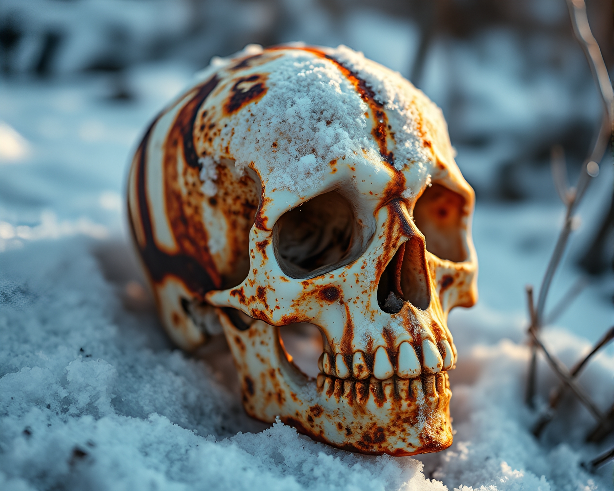 Rust Stain Crystal Skull: Snowy Telephoto Photography – free AI stock image