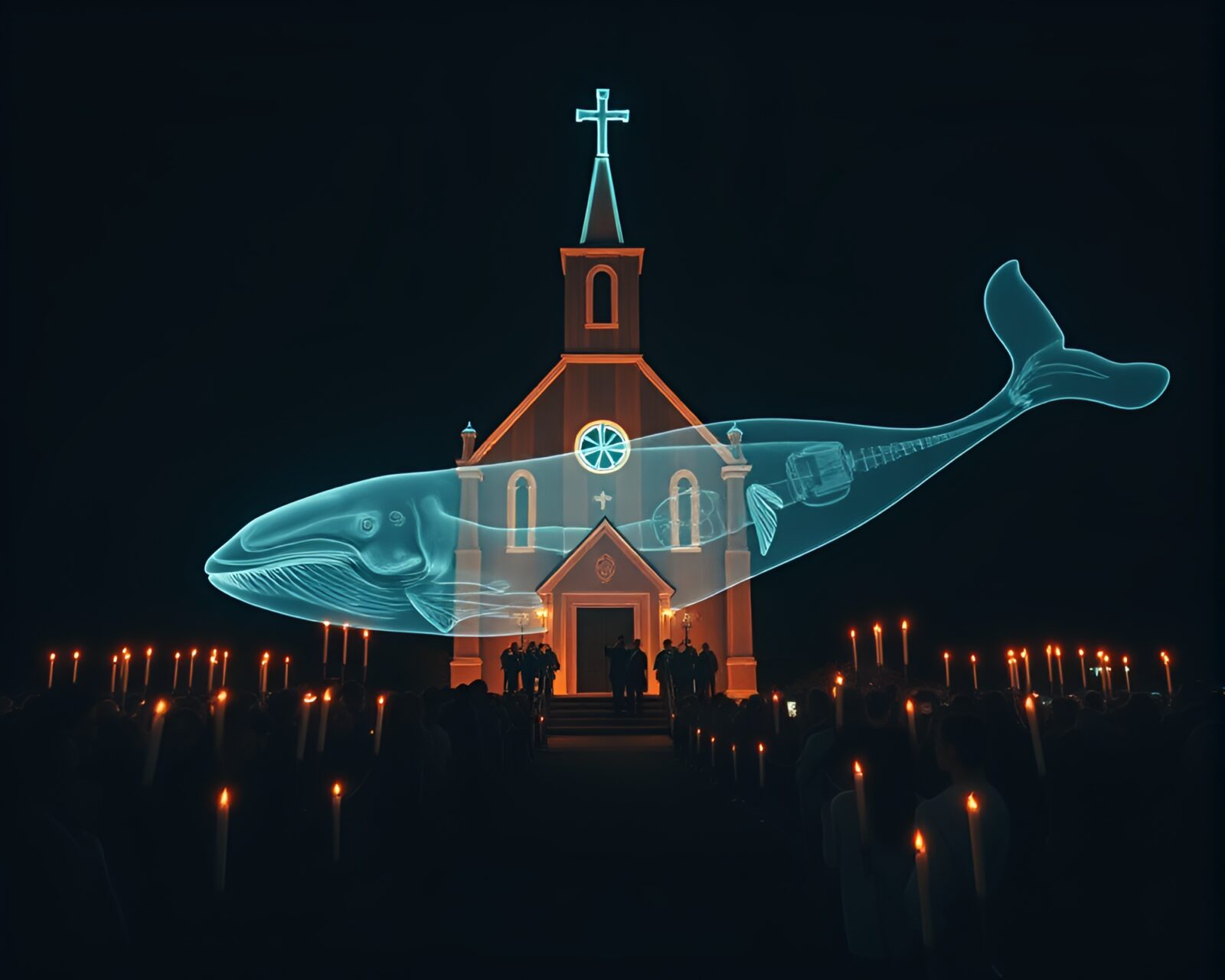 Glowing x-ray whale surrounded by flickering candlelight in church