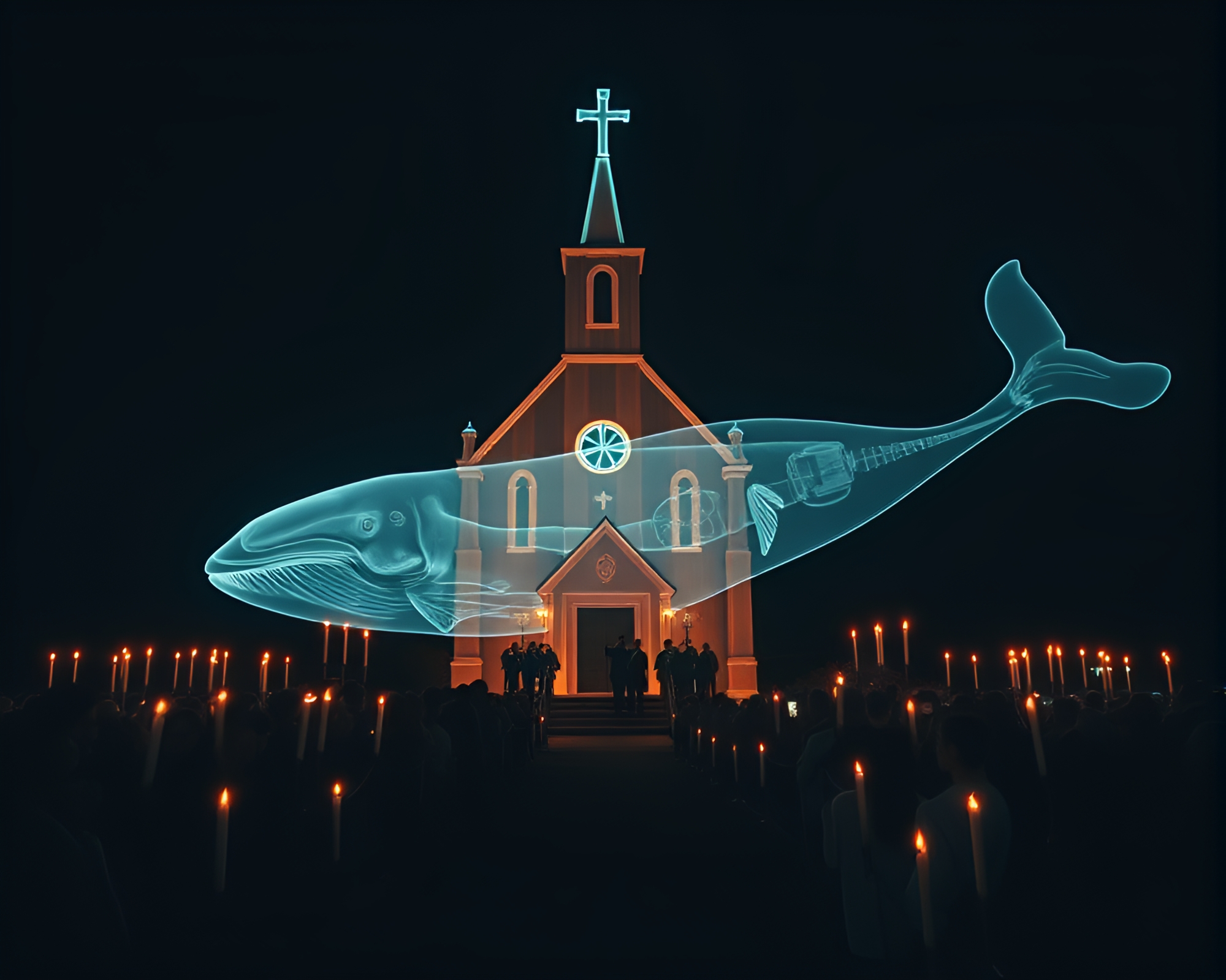 Whale in X-ray Motion with Church Candlelight Illumination – free AI stock image