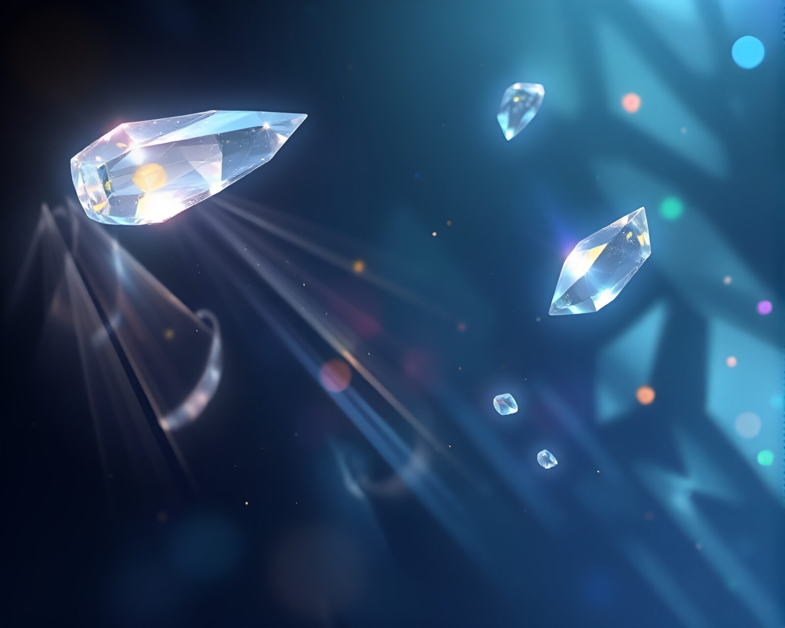 Fantasy illustration of floating iridescent crystals dancing in shadows