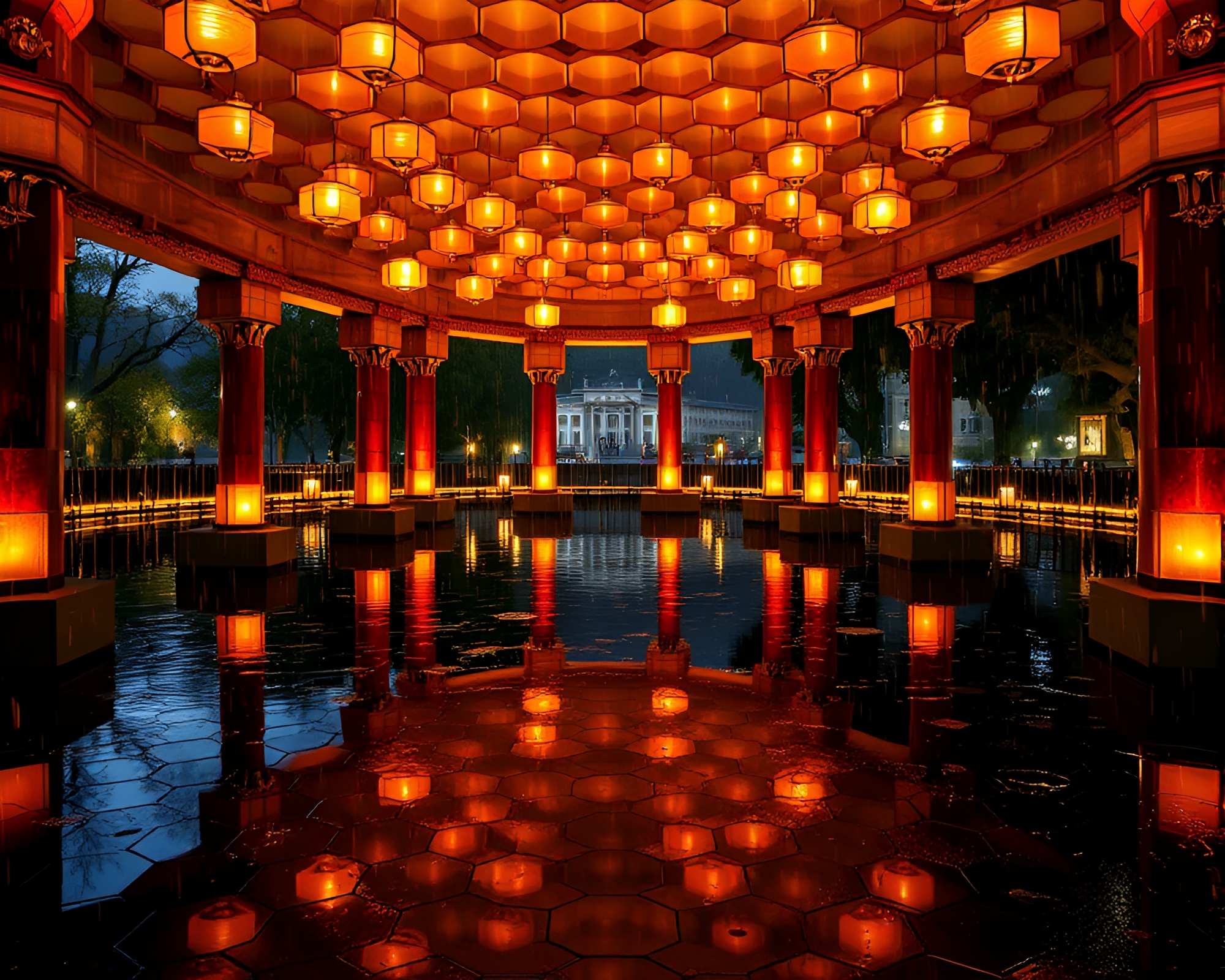 Candlelit Rainy Reflections: Ethereal Hexagonal Pavilion – free AI stock image