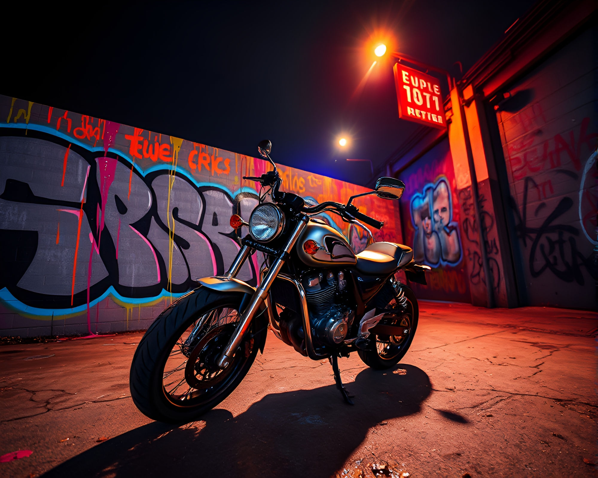 Graffiti Drips: Neon Motorcycle in Ultraviolet Shine – free AI stock image