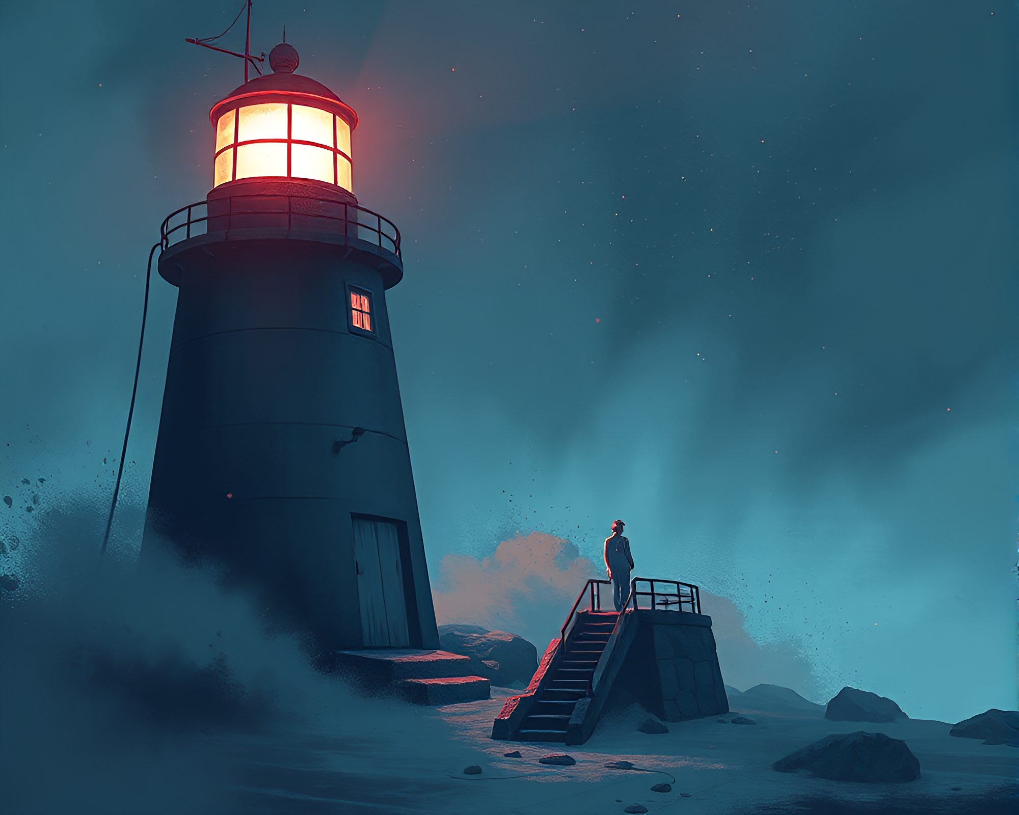 Eerie Cyberpunk Abandoned Lighthouse Illuminated by Strobe Lights – free AI stock image