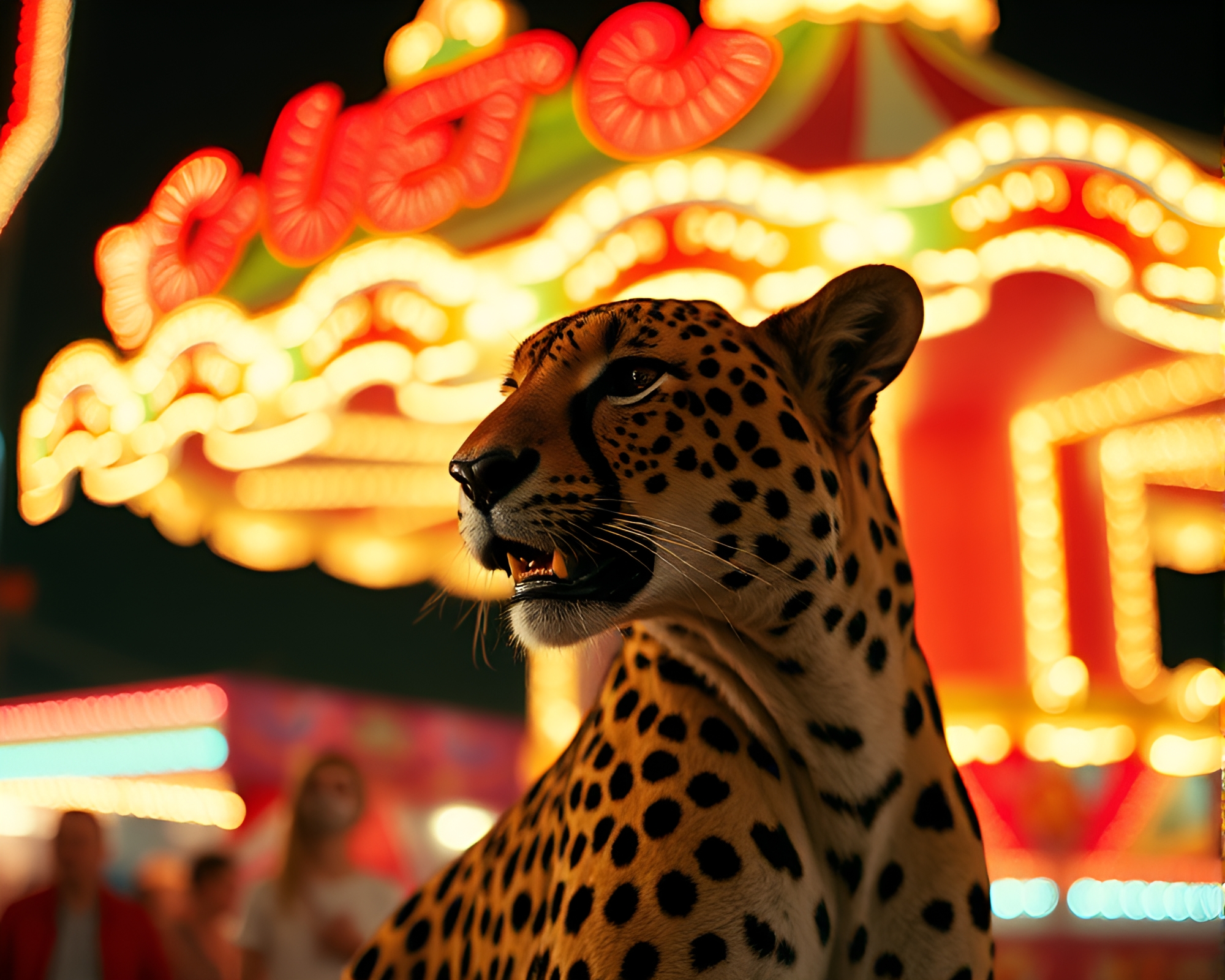 Surreal Cheetah Carnival Lights Film Burns – free AI stock image