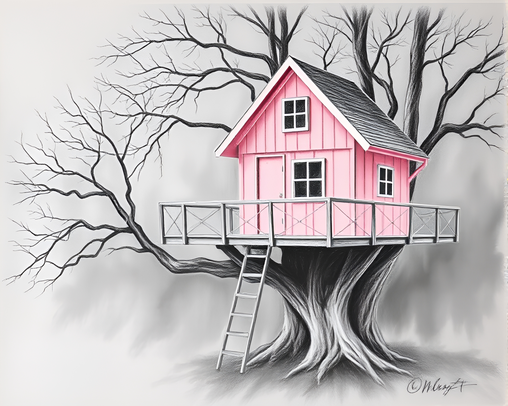 Blush Pink Treehouse Surrounded by Chalk Light Trails – free AI stock image