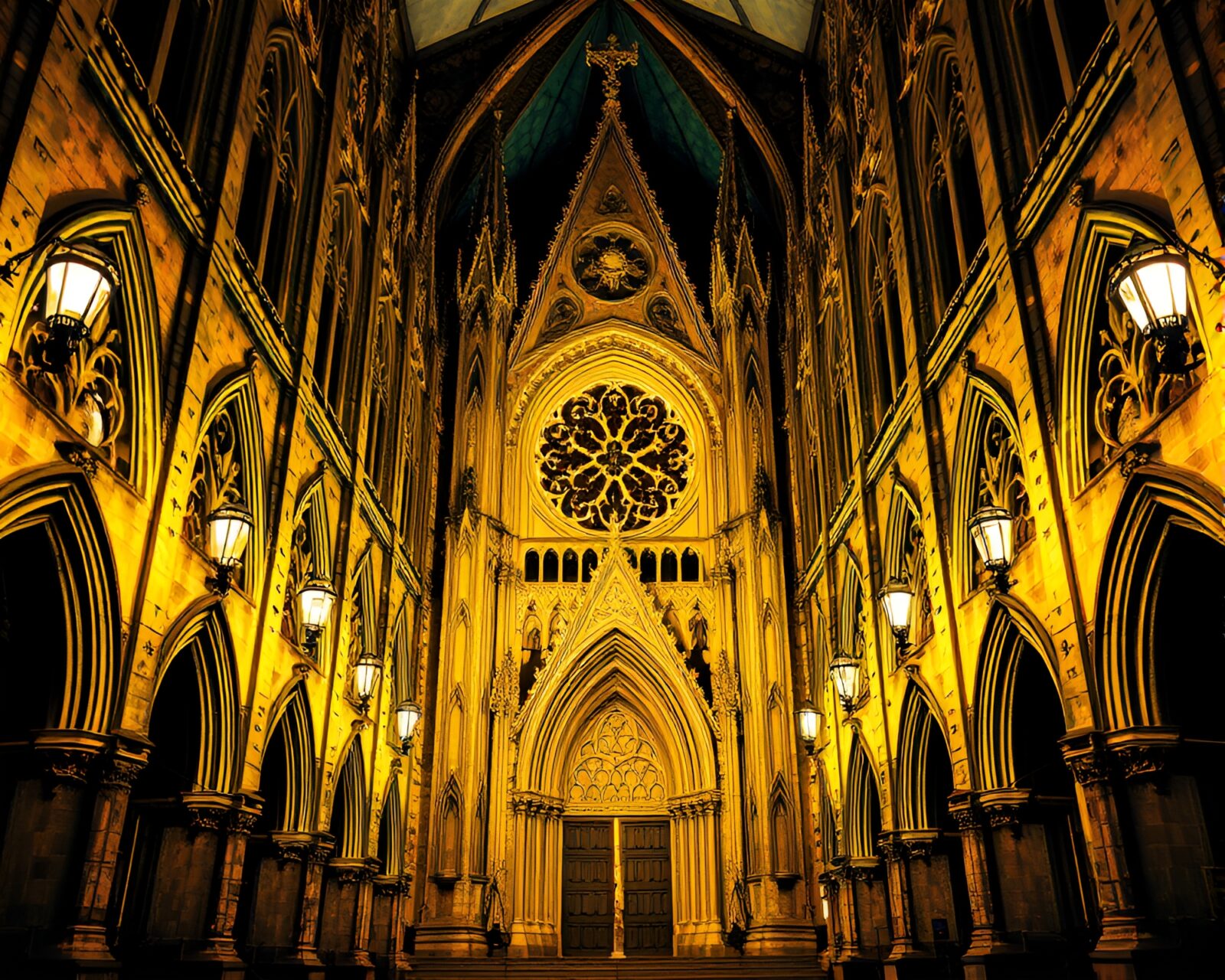 Gothic cathedral with colorful splatter art and theatrical lighting