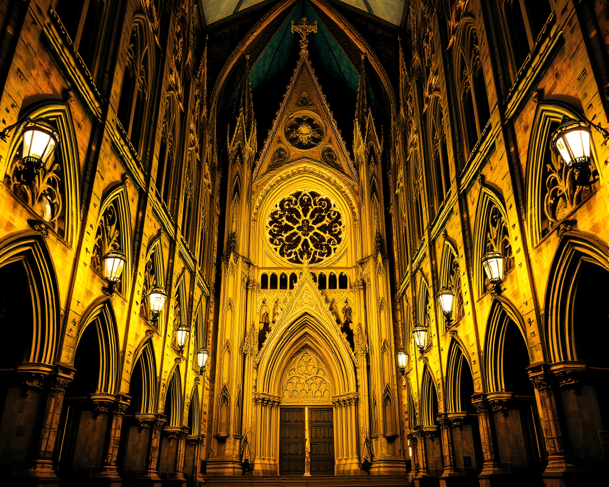 Splatter Art Gothic Cathedral Illuminated Street Art – free AI stock image