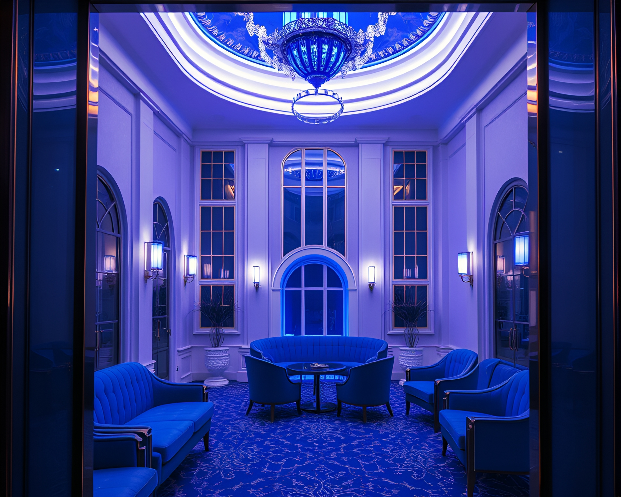 Art Deco Hotel Dystopia in Cobalt Blue Light – free AI stock image