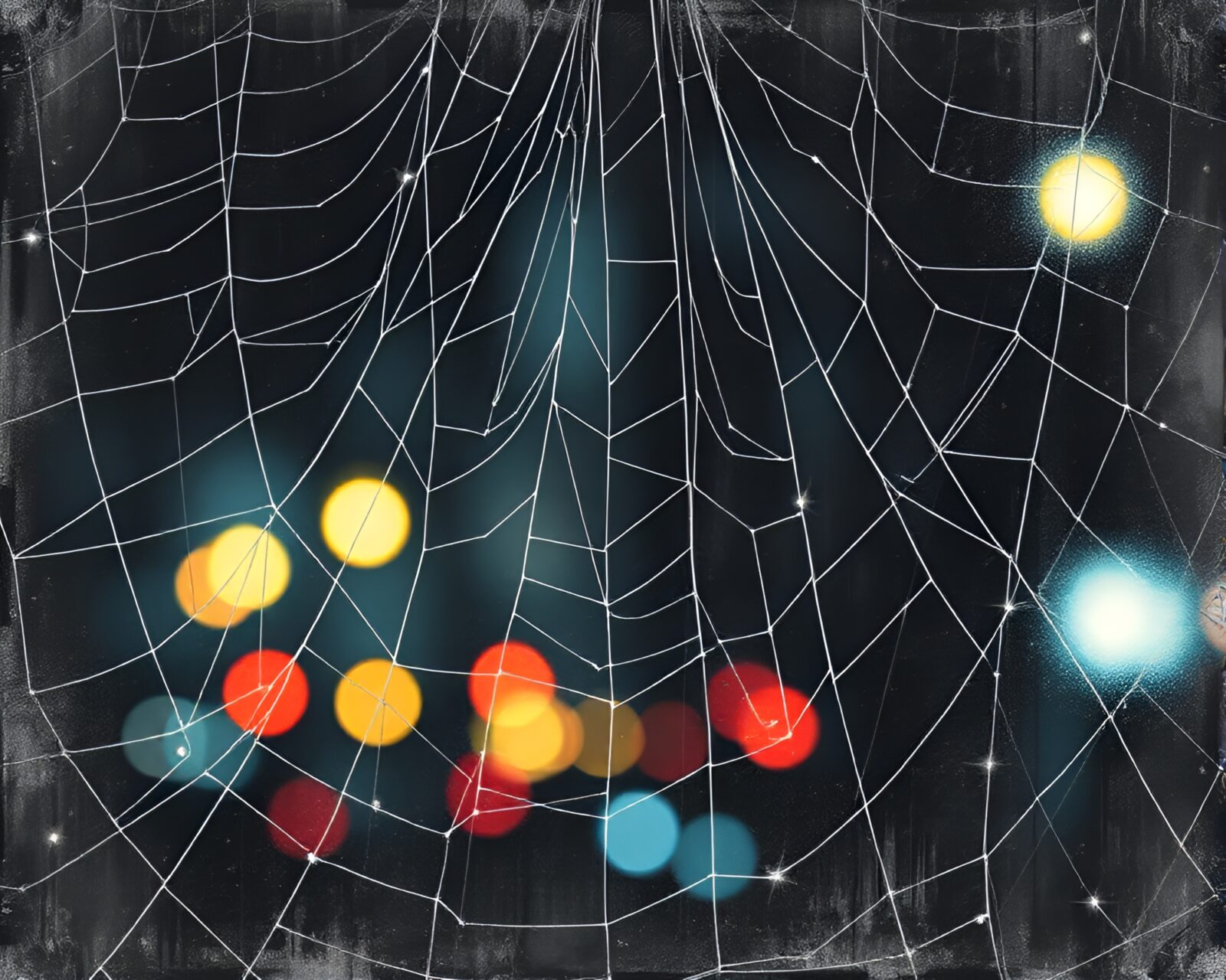 Colorful bokeh lights illuminate cyberpunk vigilante in chalk cobweb strands