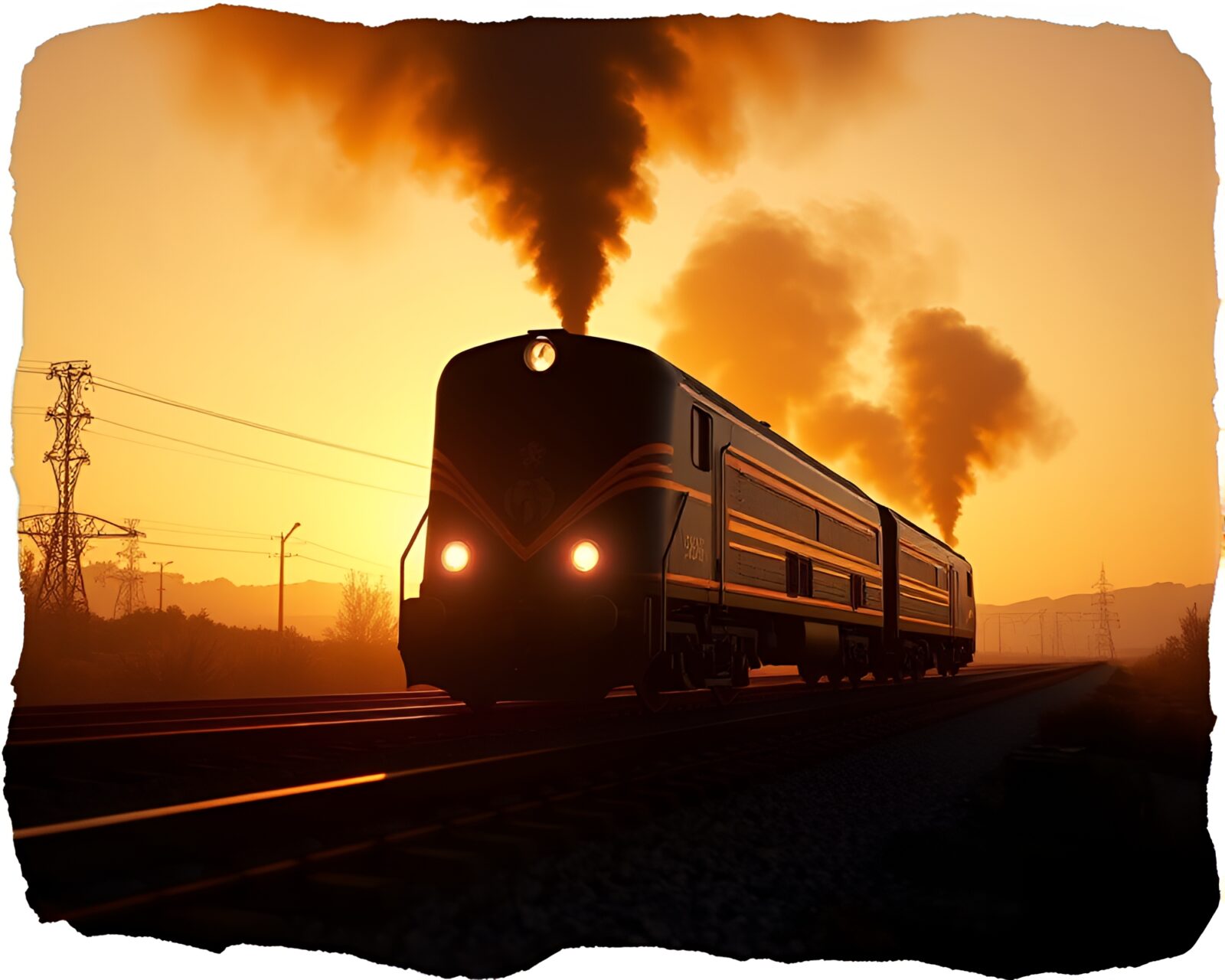 CGI-rendered train hovering with torn edged backdrop