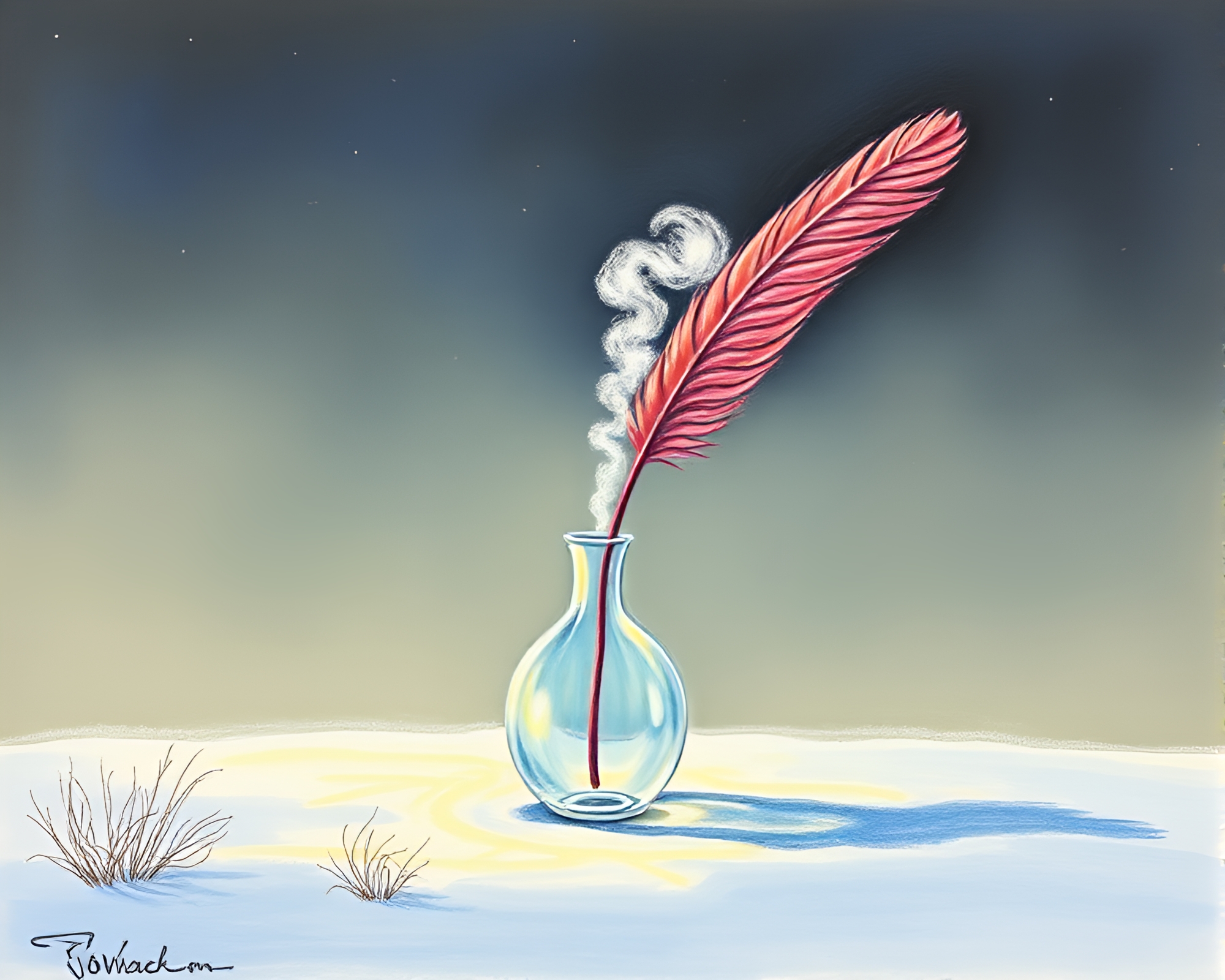 Feather Dusting Vase in Polar Twilight Conte Crayon Drawing – free AI stock image