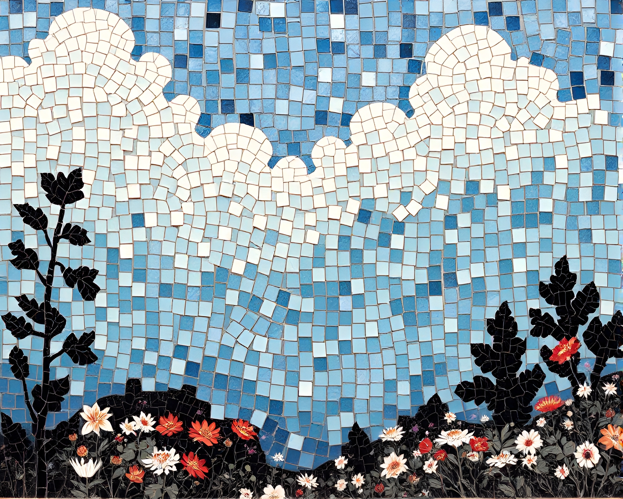 Sky Garden Mosaic with Sumi-e Brushwork – free AI stock image