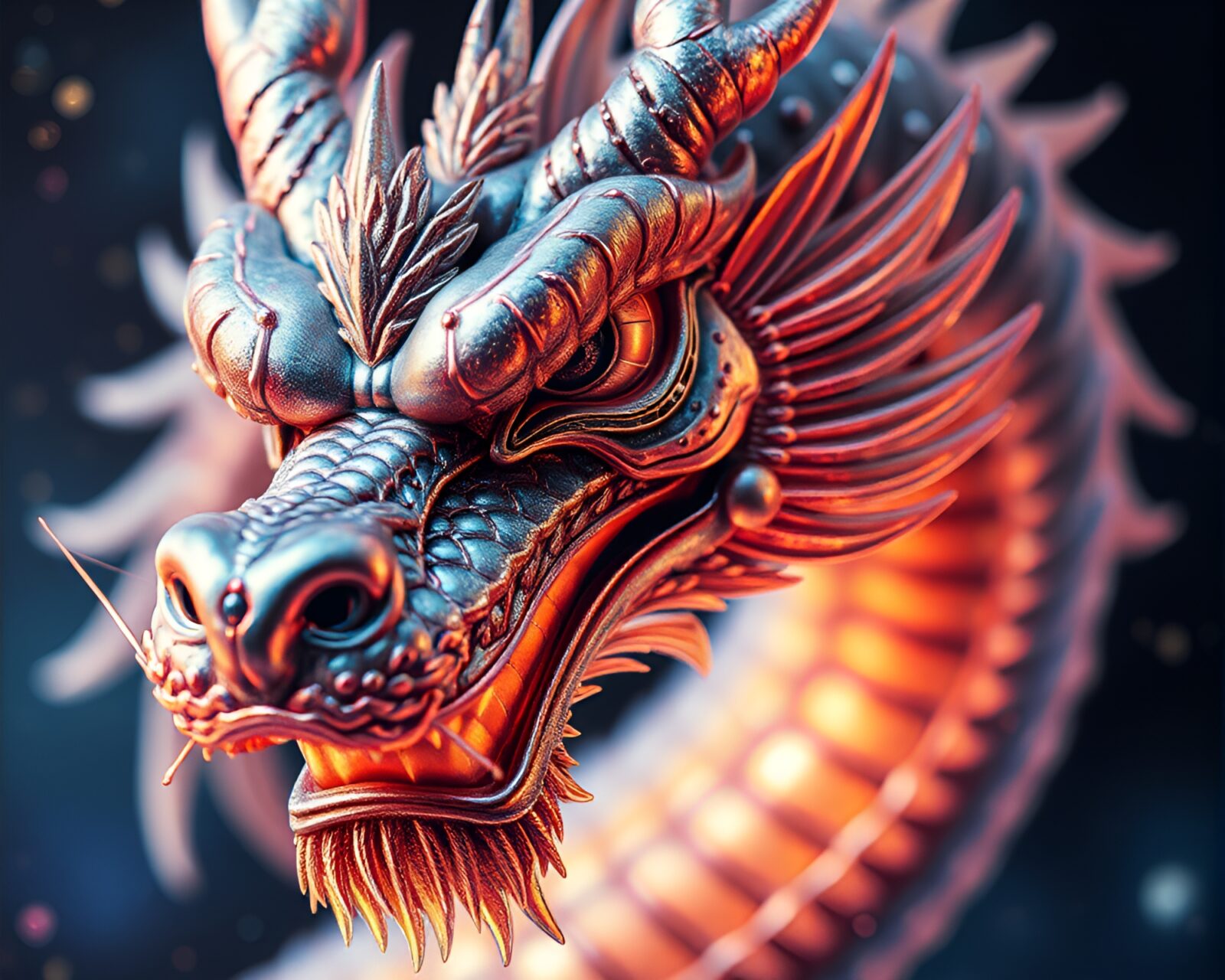 Detailed pastel drawing of a celestial dragon in metallic colors