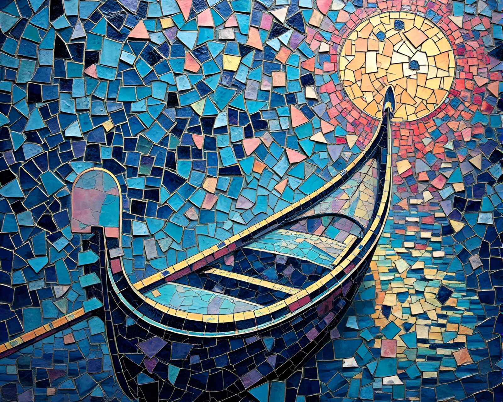 A broken mosaic gondola drifting in soft planetary hues