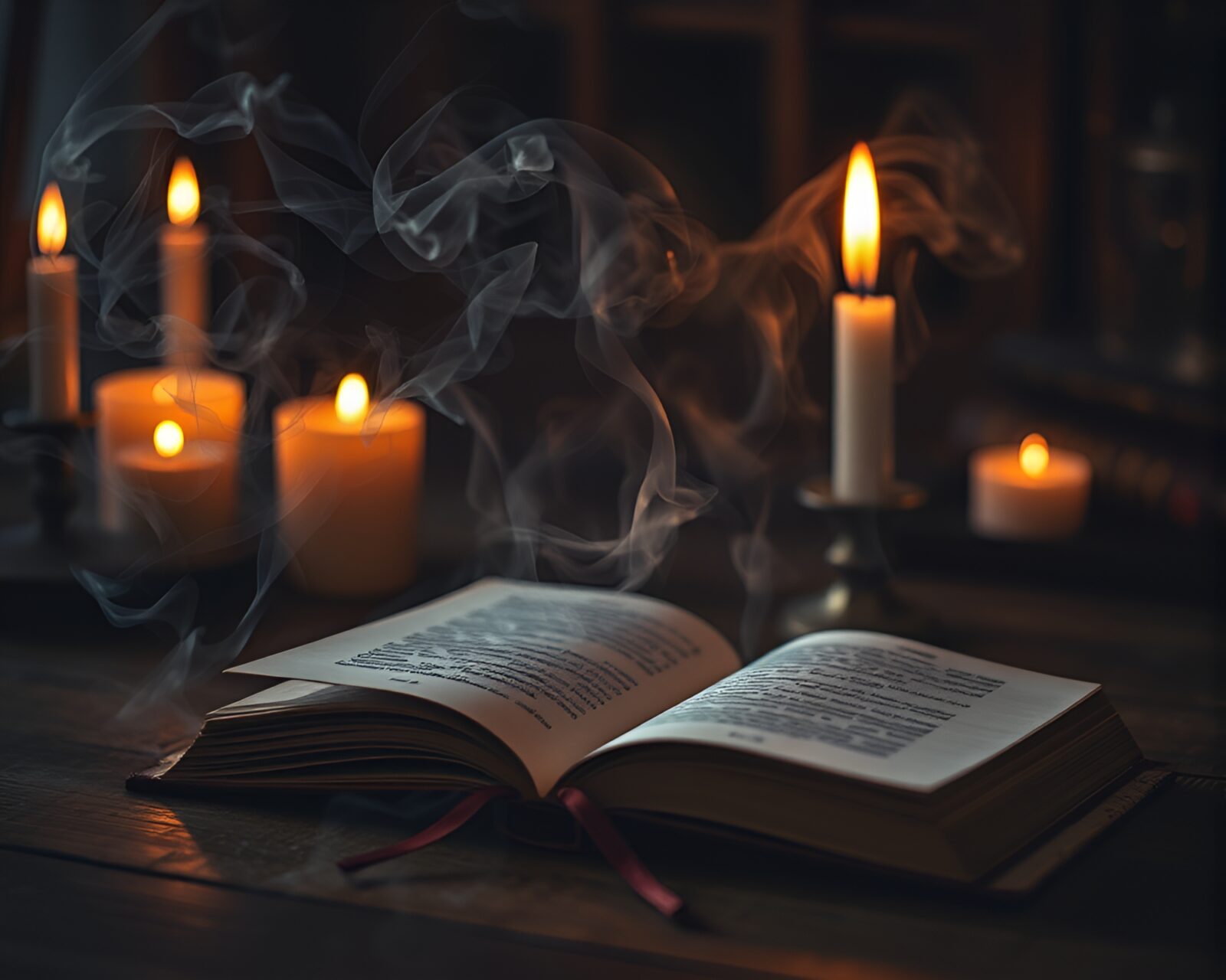 A mystical book in a dimly lit room with candle smoke