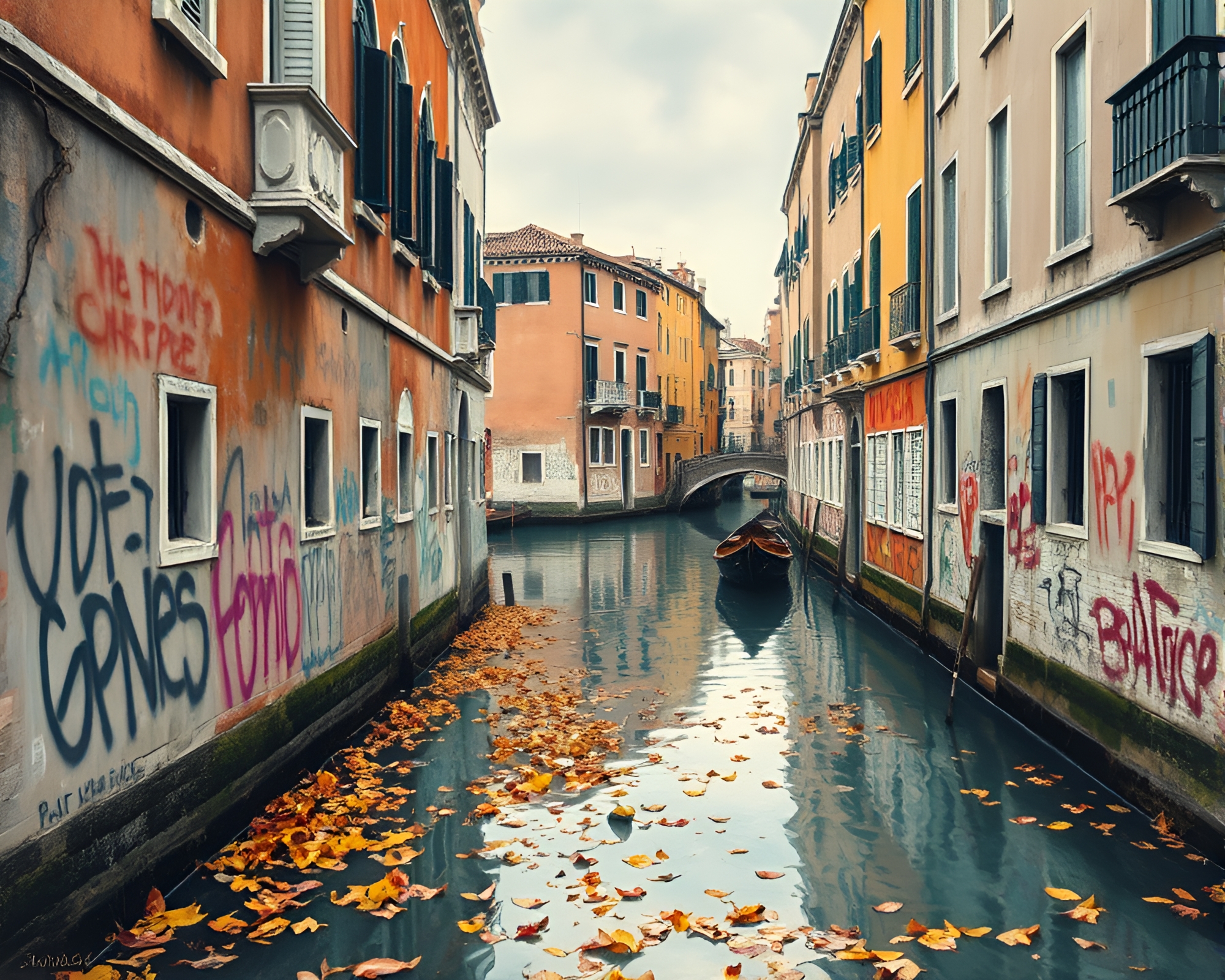 Venetian Canal with Pastel Graffiti and Leaf Litter – free AI stock image