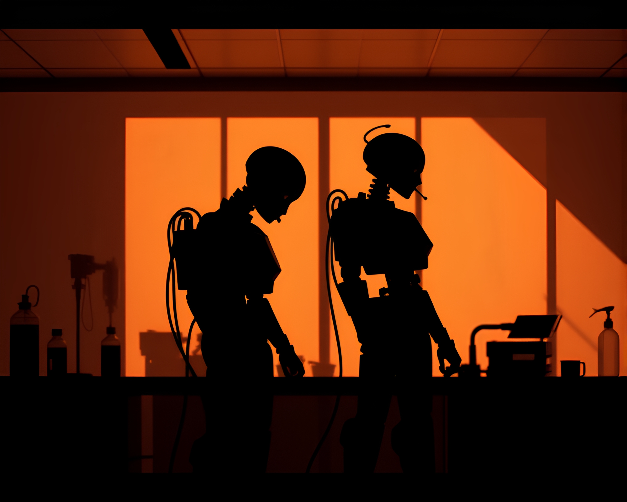 Robotic Reflection: Shadows in the Lab – free AI stock image
