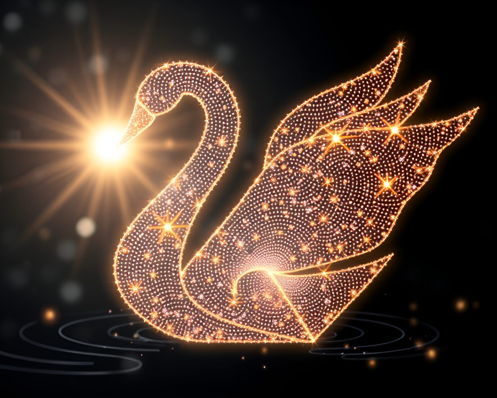 Elegant origami swan surrounded by fairy light sparkle
