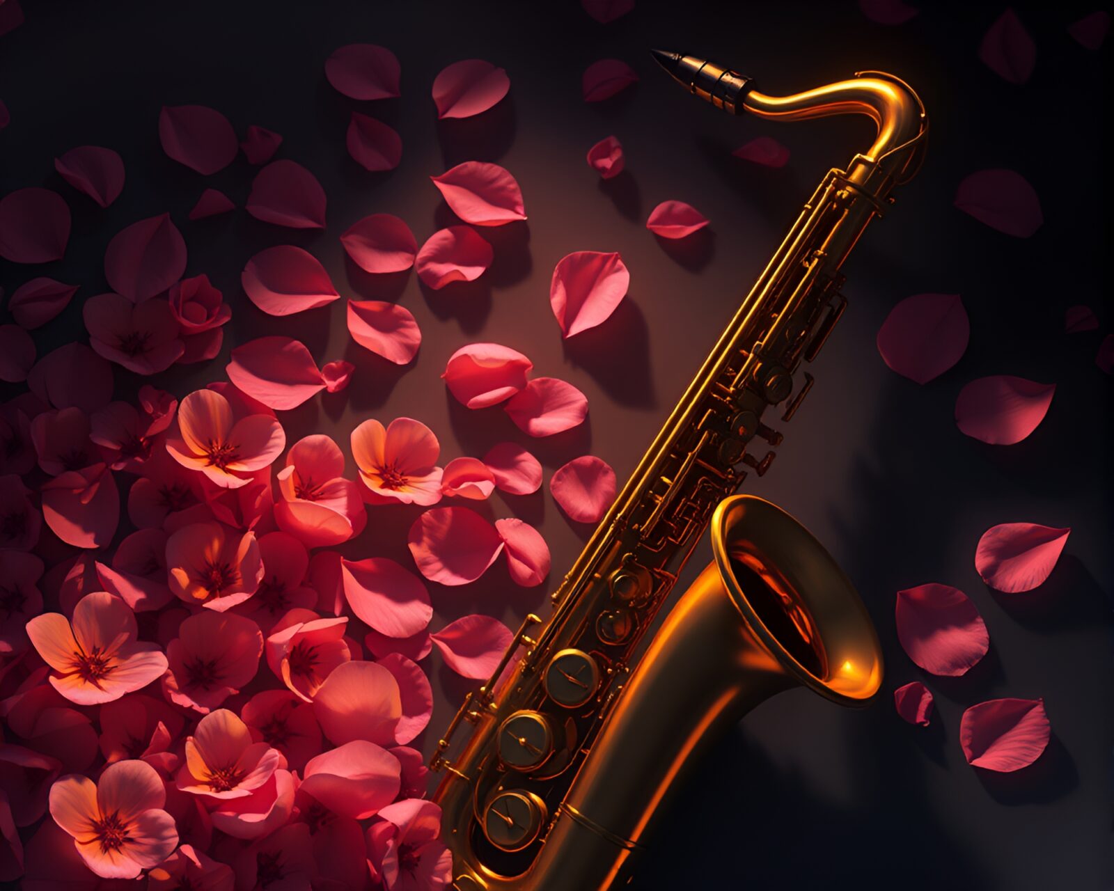 Illustration of a saxophonist surrounded by flower petals in shadows
