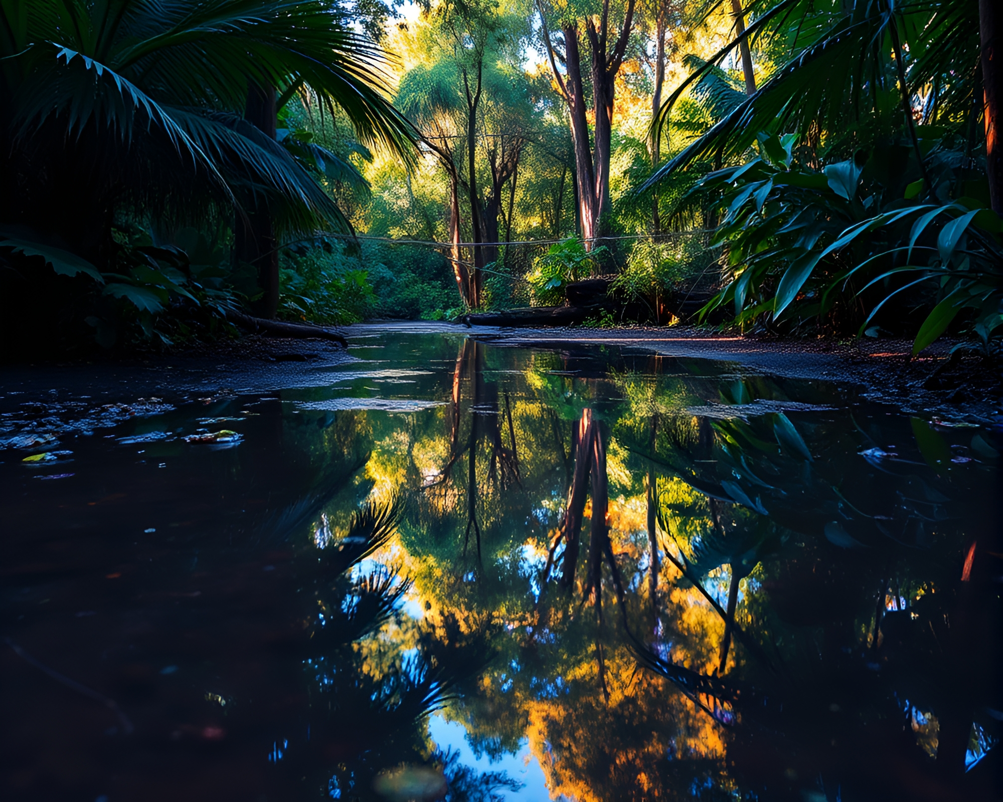 Jungle Puddle Reflection with Ultraviolet Shine – free AI stock image