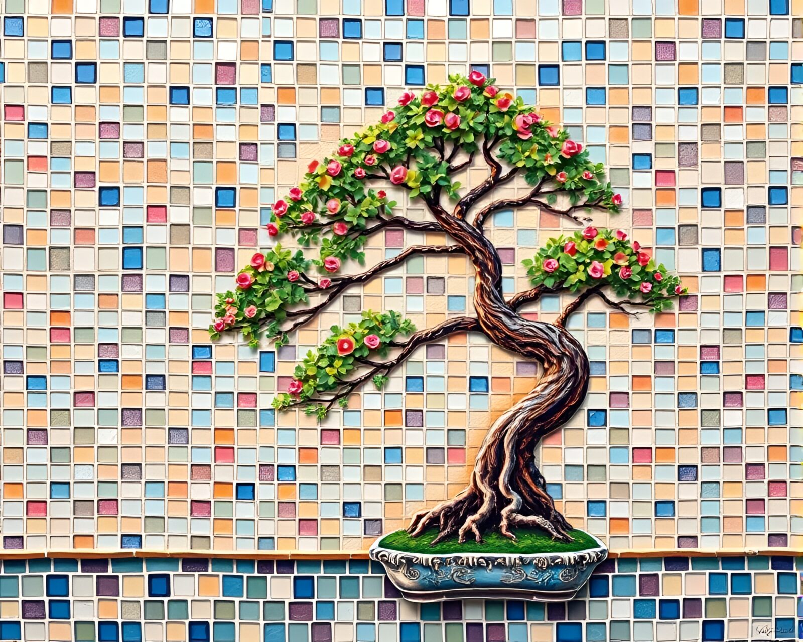 Exquisite conté crayon drawing of mosaic bonsai tree tile