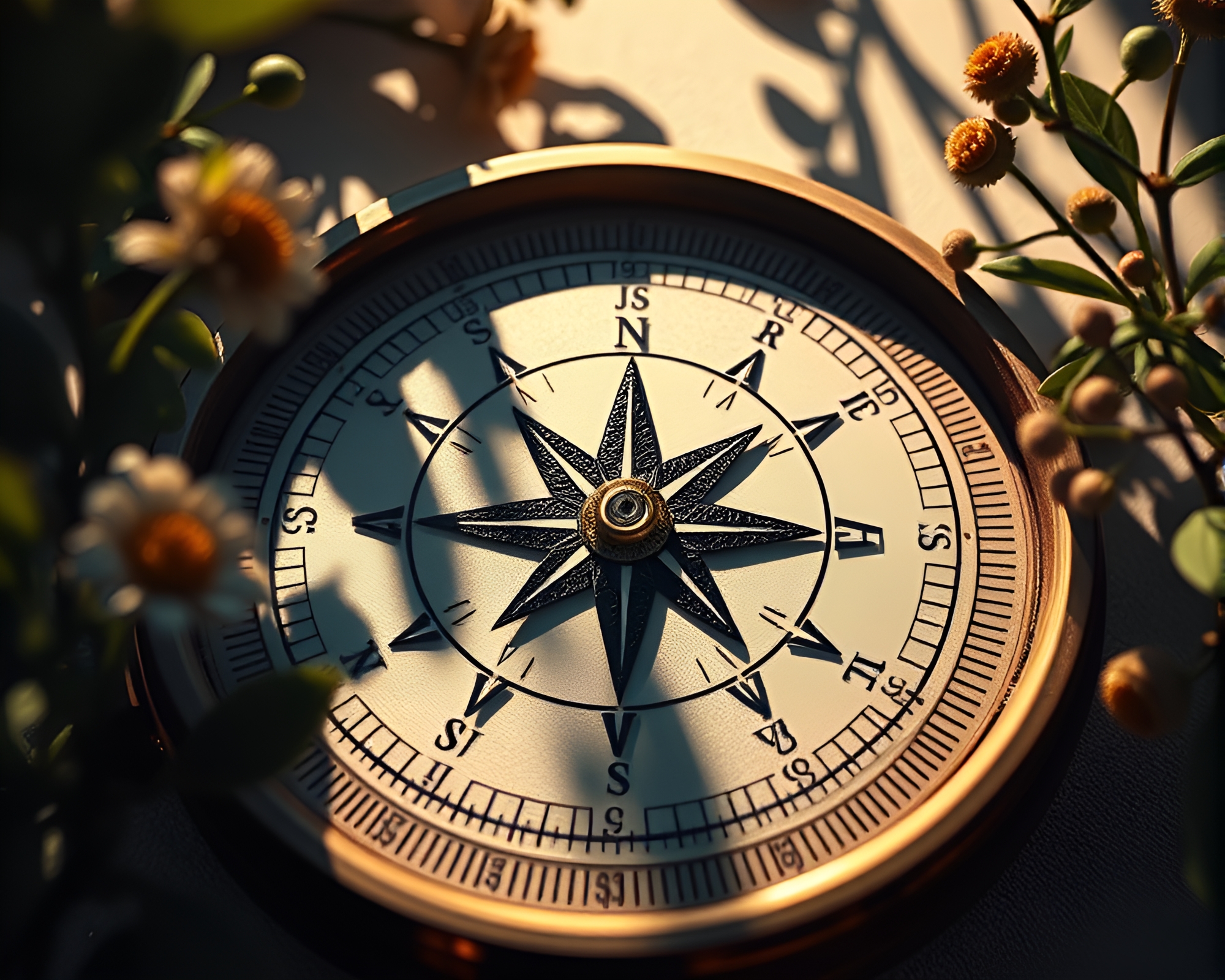 Botanical Compass: Delicate Shadows Low-Angle Illustration – free AI stock image