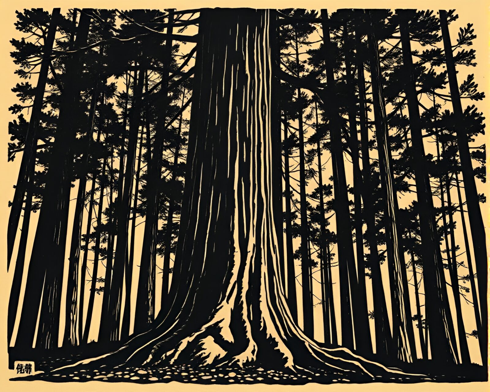 A serene redwood tree with ultraviolet glow, calligraphy style.