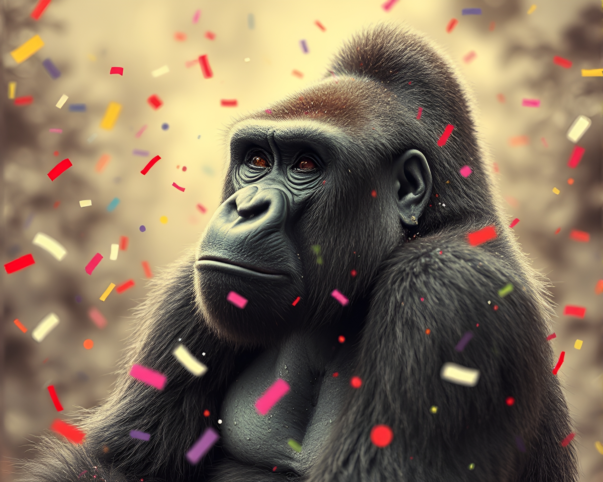 Gorilla King in Vibrant Infrared Confetti Jungle – free AI stock image