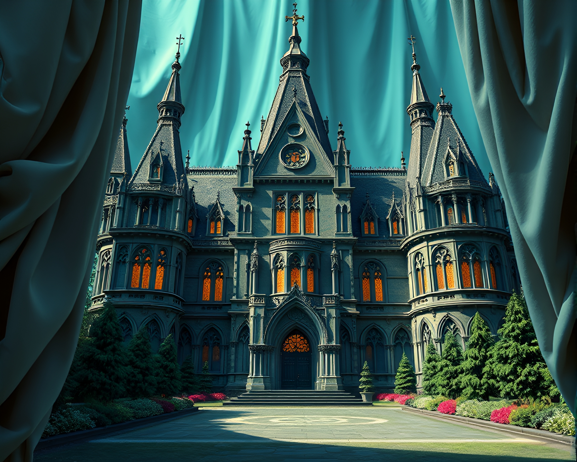 Neo-Gothic Mansion Interior with Hyper-Saturated Medical Illustration – free AI stock image