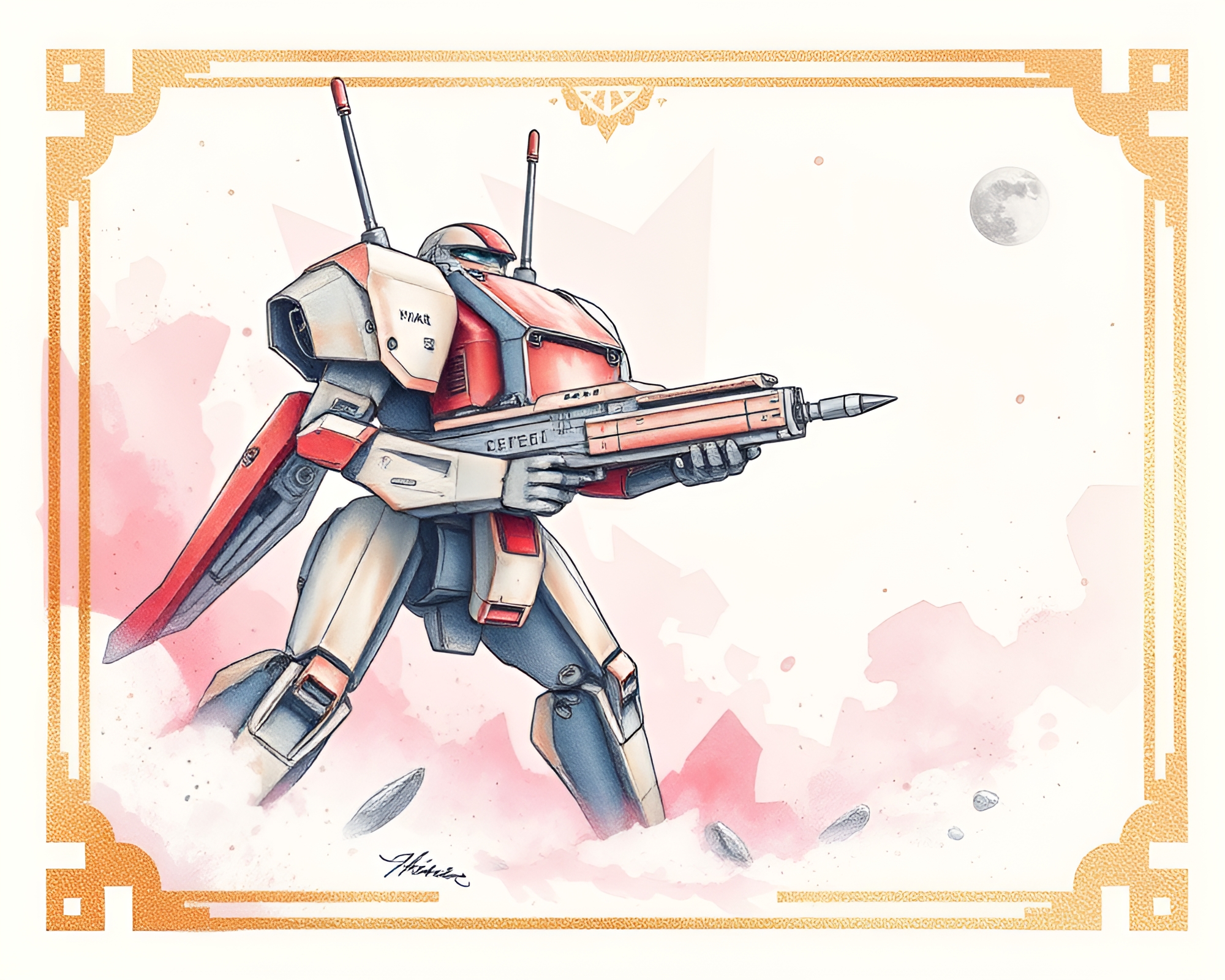 Rose Gold Battle Mech Vignette Drawing – free AI stock image