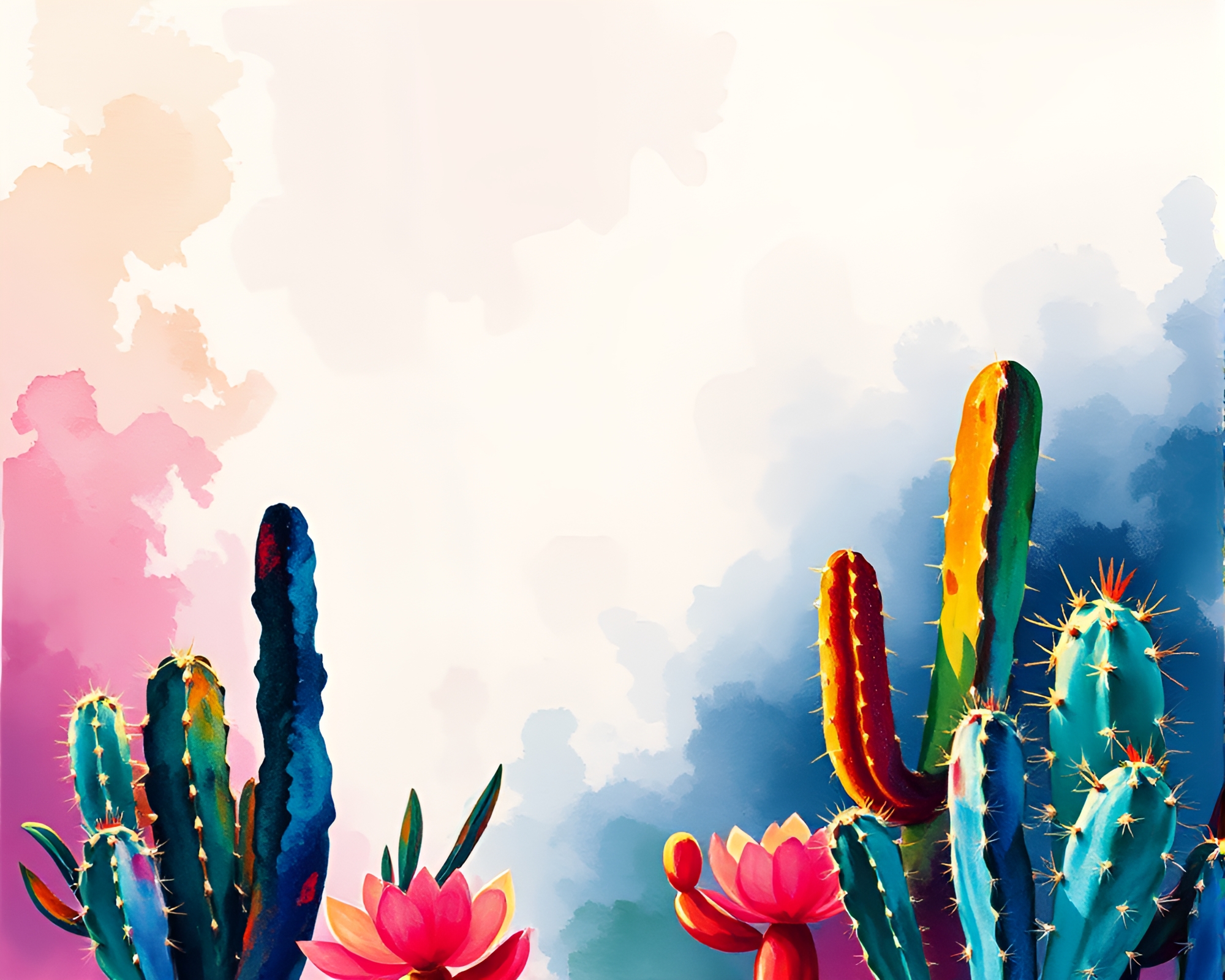 Neon Cactus Vignette Border with Iridescent Sumi-e Brushwork – free AI stock image