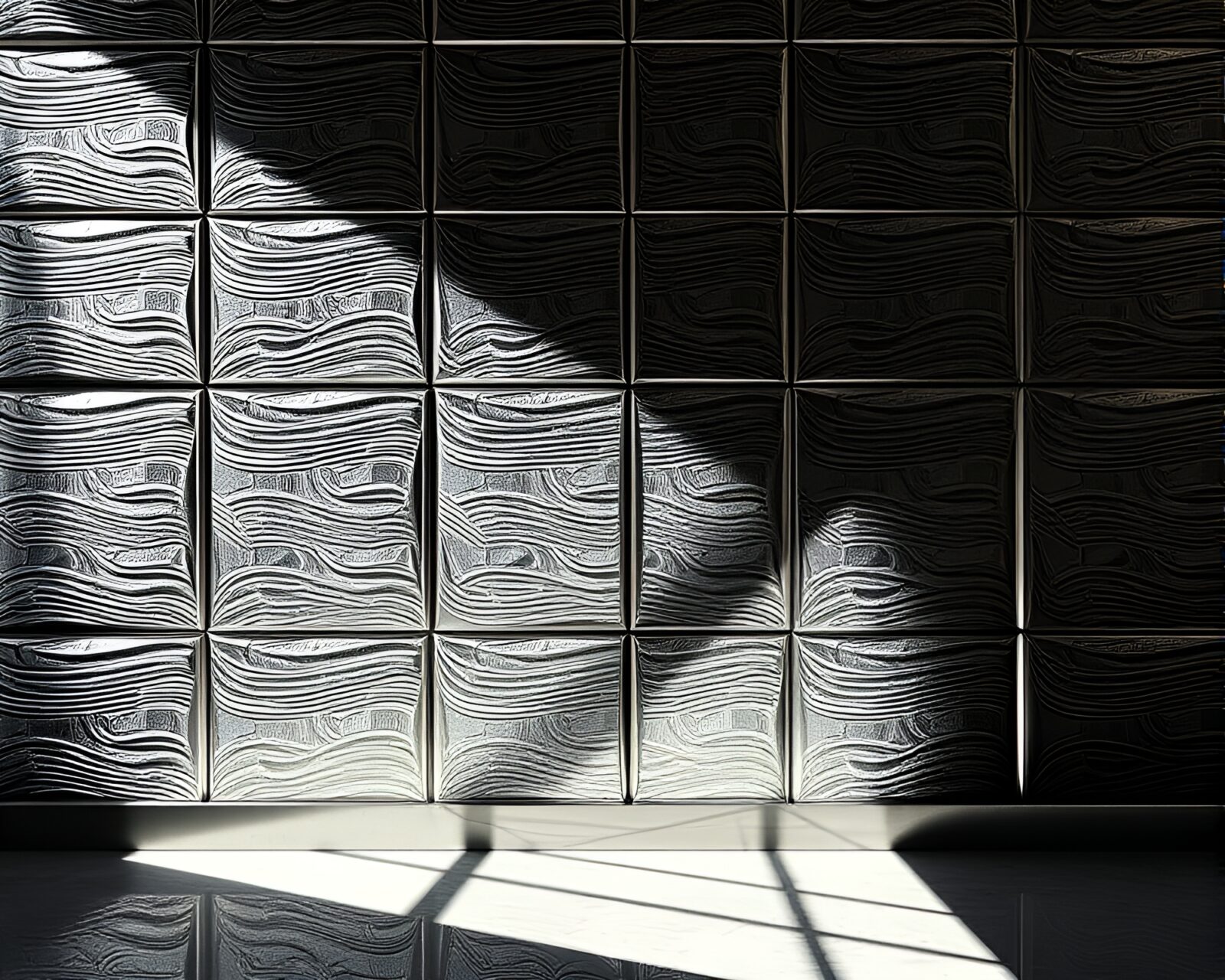 Abstract cubist style art with silver leaf accents in attic shadow
