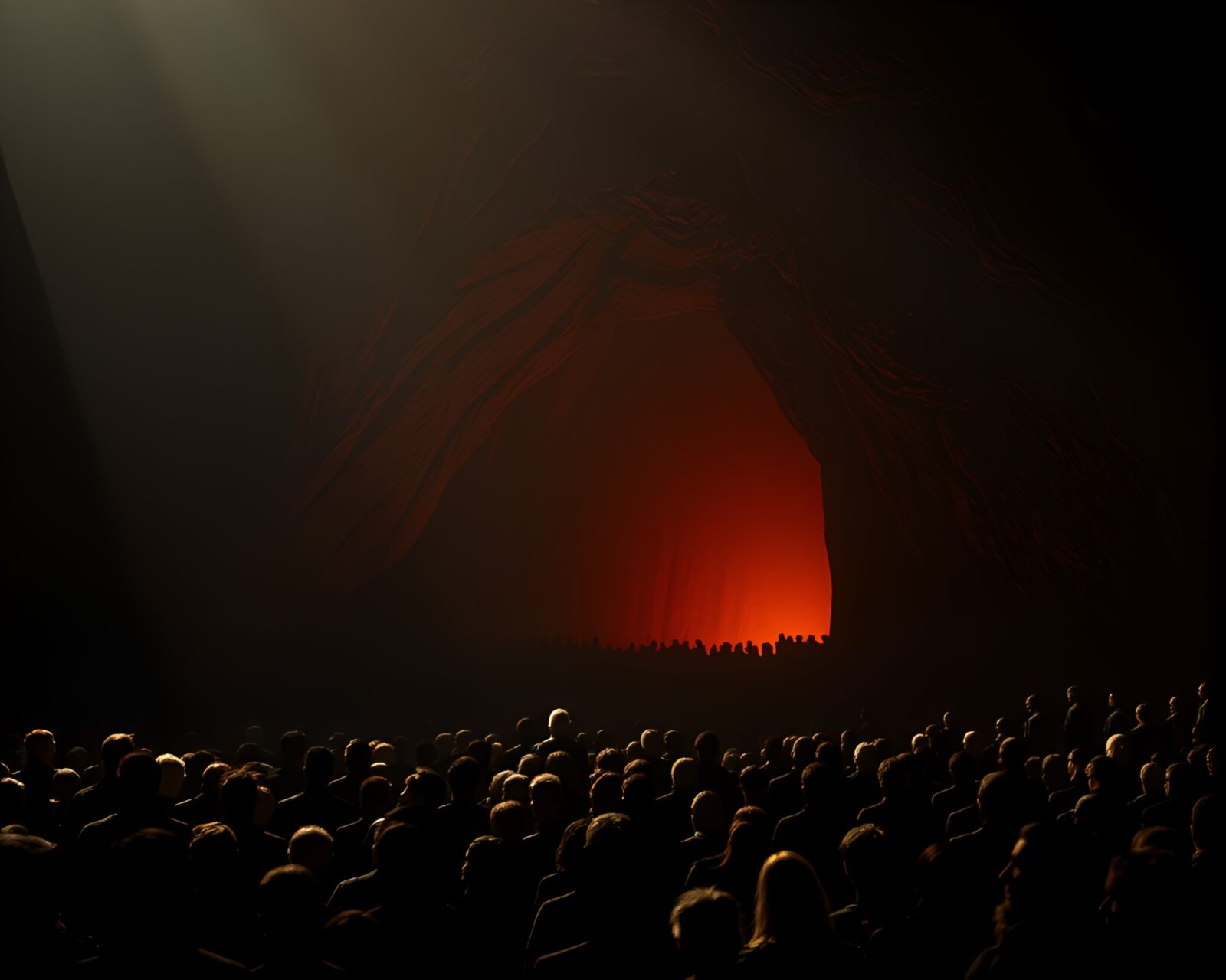 Dark cave entrance with glowing rune stone and silhouetted crowd